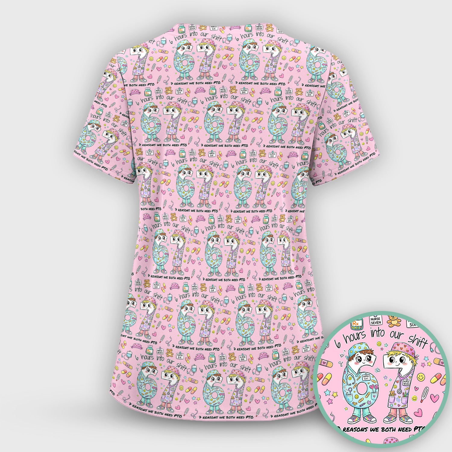 Cartoon Characters Six Hours Into Shift With Medical Doodle Scrub Set, Breathable Med Uniform