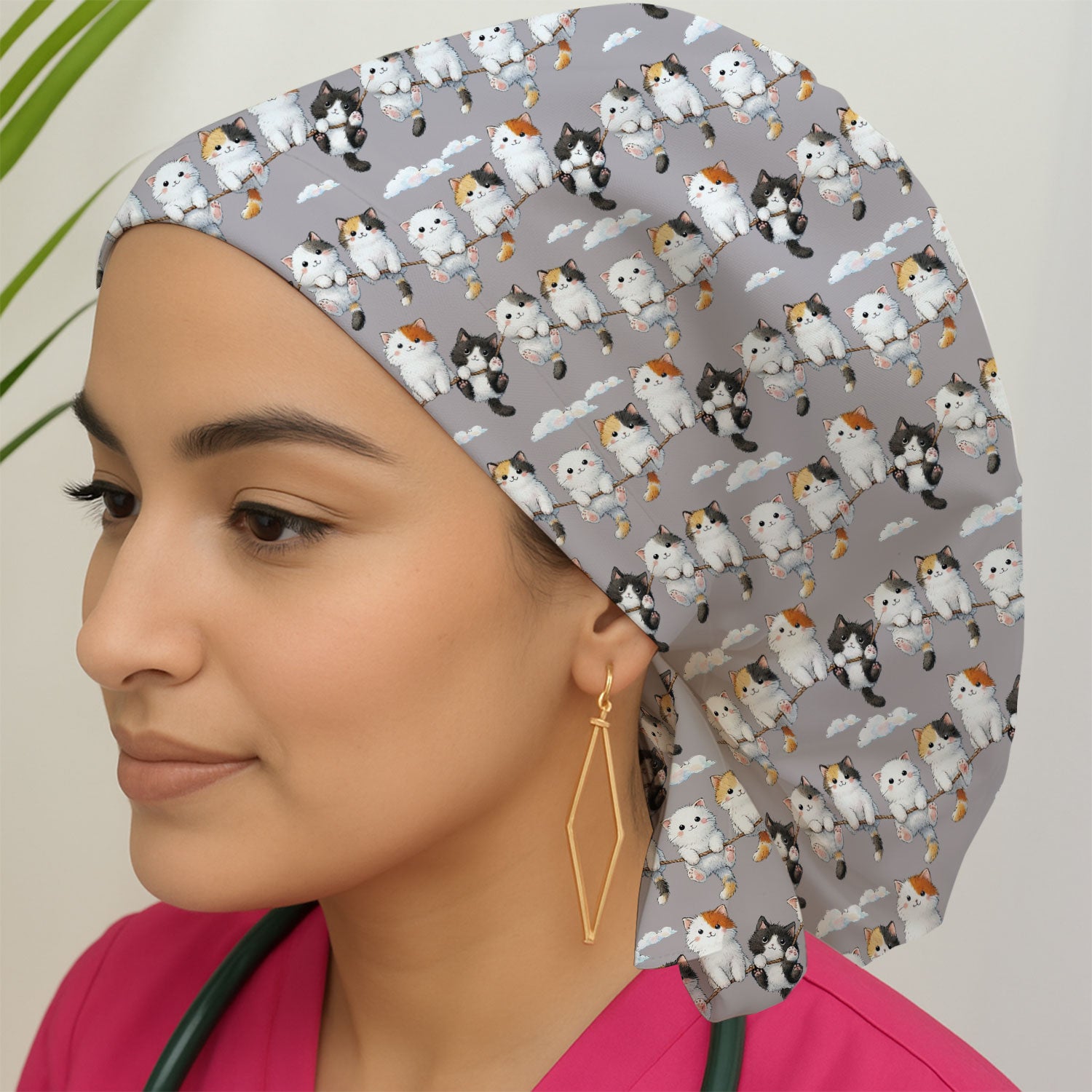 Cute Cats Sitting on Rope Pattern Caps, Bouffant Scrub Caps for Women