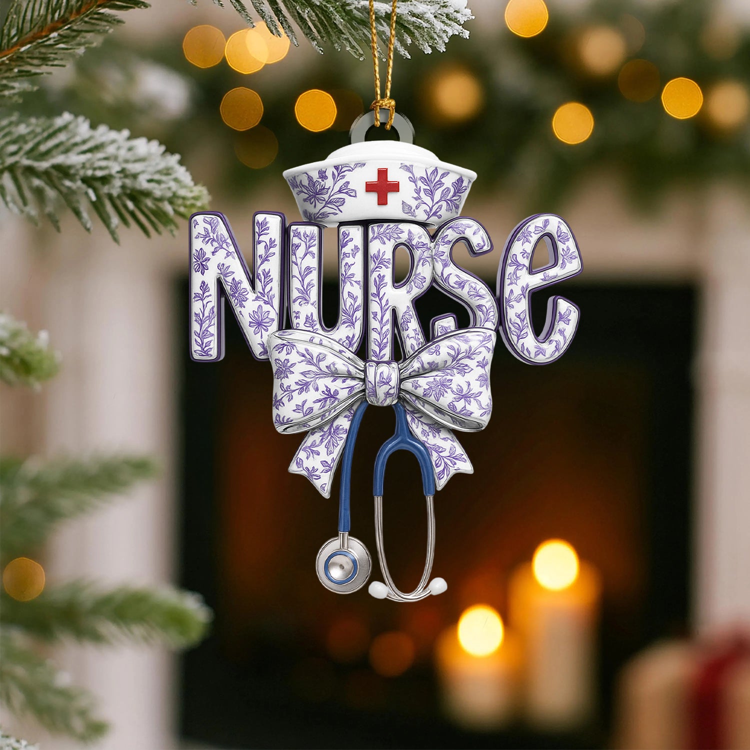 Toile De Jouy Nurse Ornament – Elegant Floral Christmas Ornament for Nurses, Custom Medical Ornament, RN LPN CNA Gift