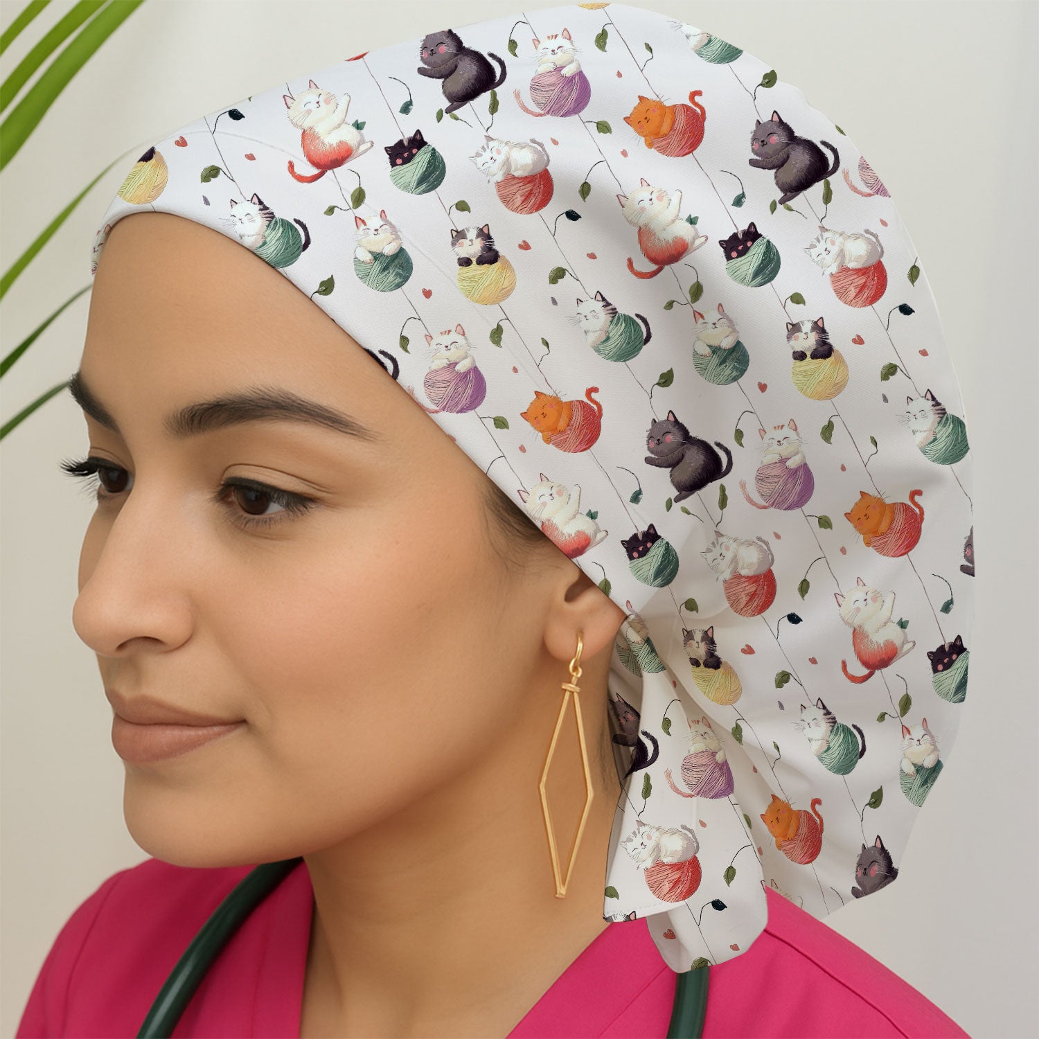 Cute Cats Playing Yarn Balls Pattern Print Cap, Bouffant Scrub Caps for Women