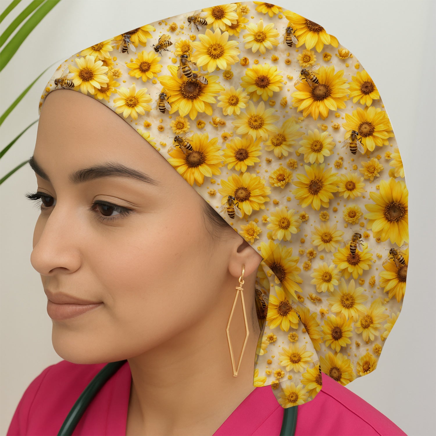Yellow Sunflower Bee Garden Bloom Pattern Scrub Cap, Surgical Caps for Doctors