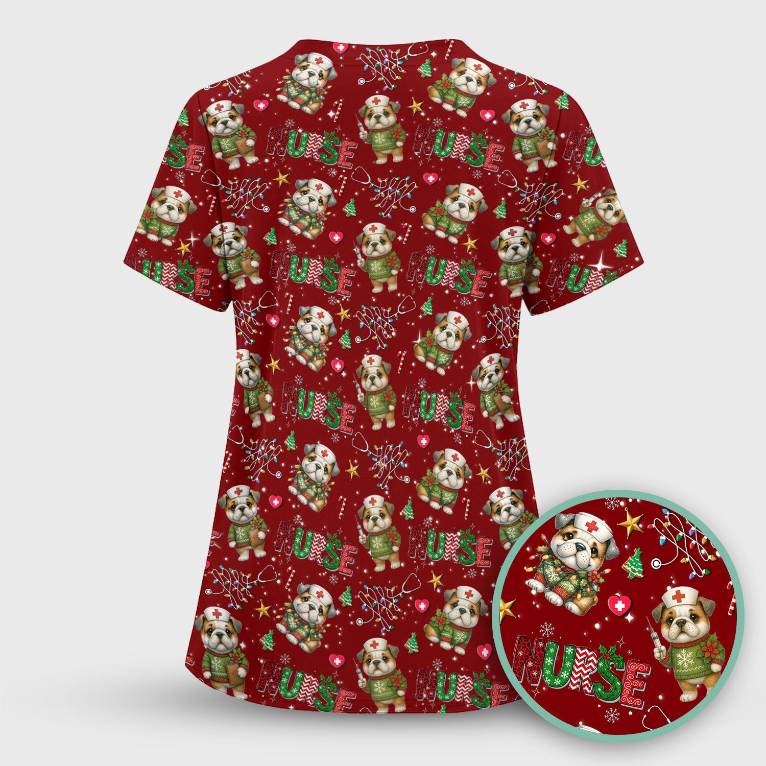 Bulldog Christmas Nurse Scrub Top - Funny Dog Scrub Shirt - Cute Holiday Medical Uniform for Women RN LPN CNA Gift