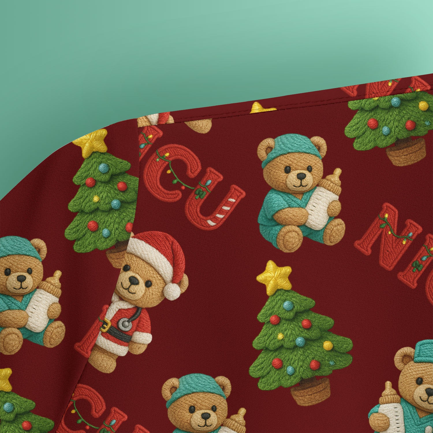Festive Christmas NICU Nurse Teddy Bear Pattern, Breathable Fabrics Nursing Uniform