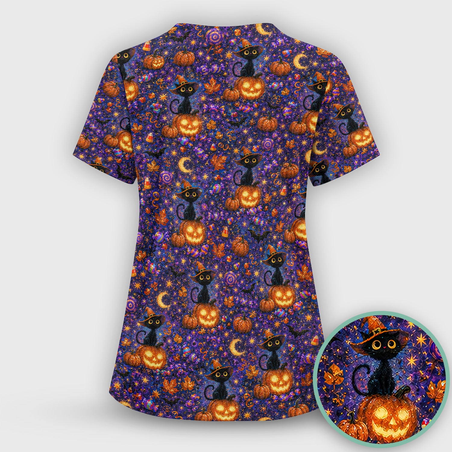 Mystical Halloween Witch Cat Scrub Top, Comfortable Scrubs for Nurses