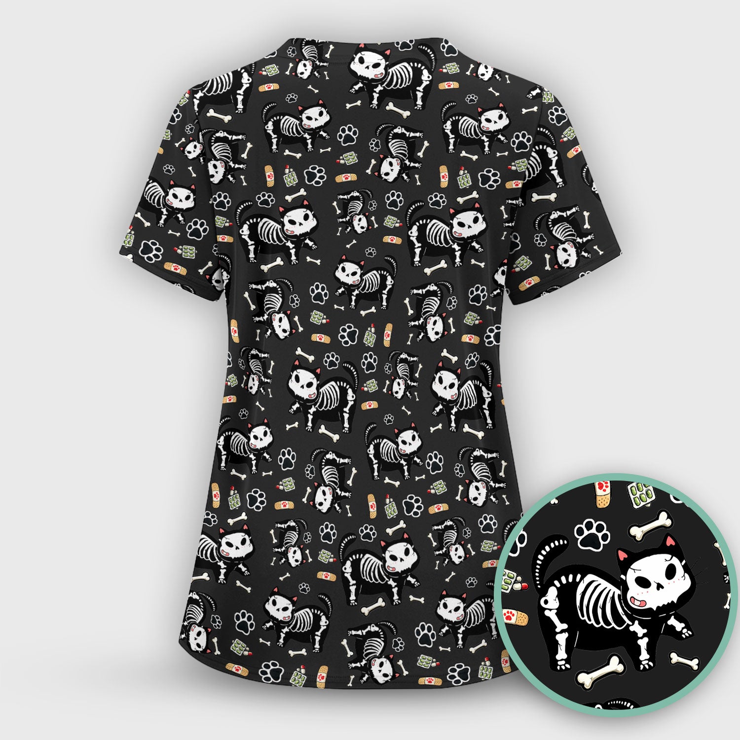 Skeleton Cat Medical Pattern Scrub Top, Comfortable Scrubs for Nurses