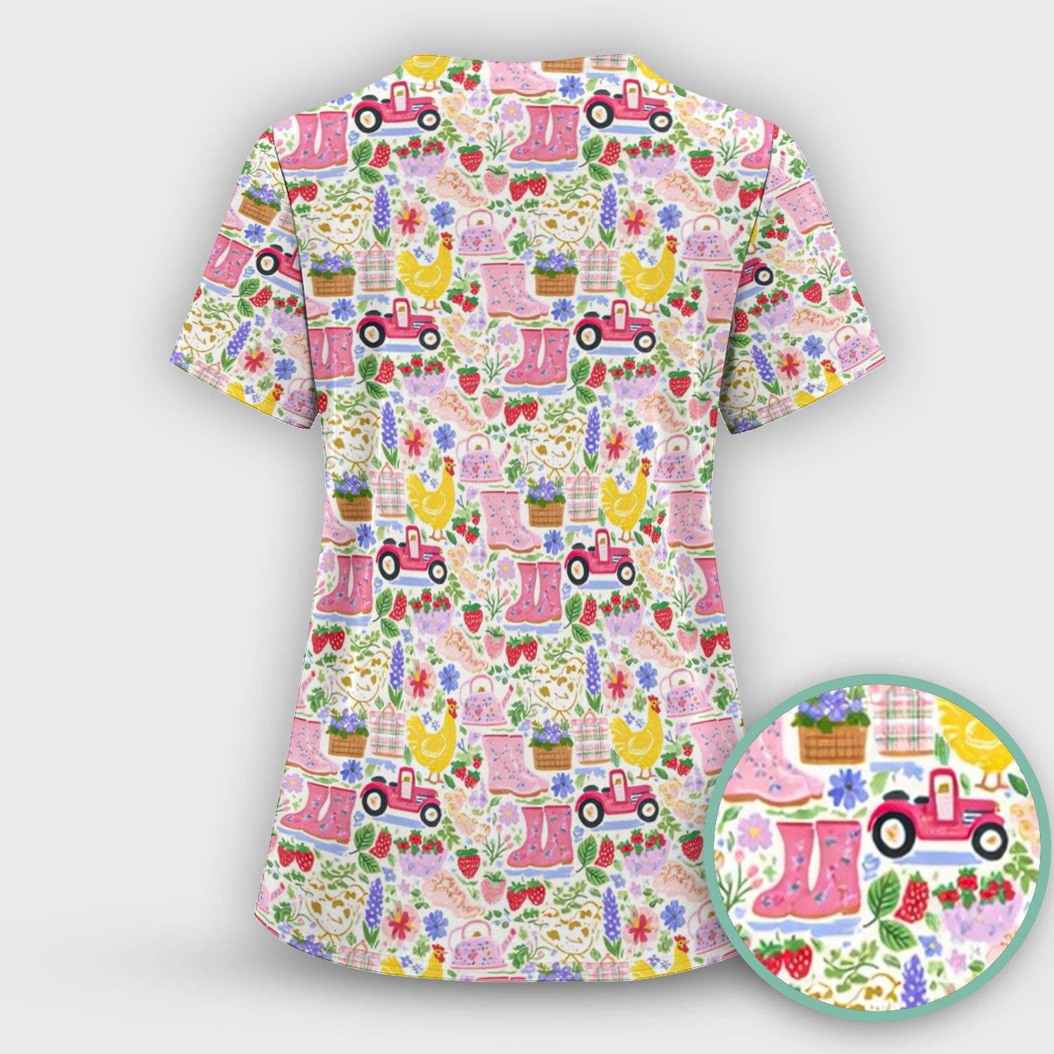 Floral Farm Boots And Chicken Pattern Scrub Top, Comfortable Scrubs for Nurses