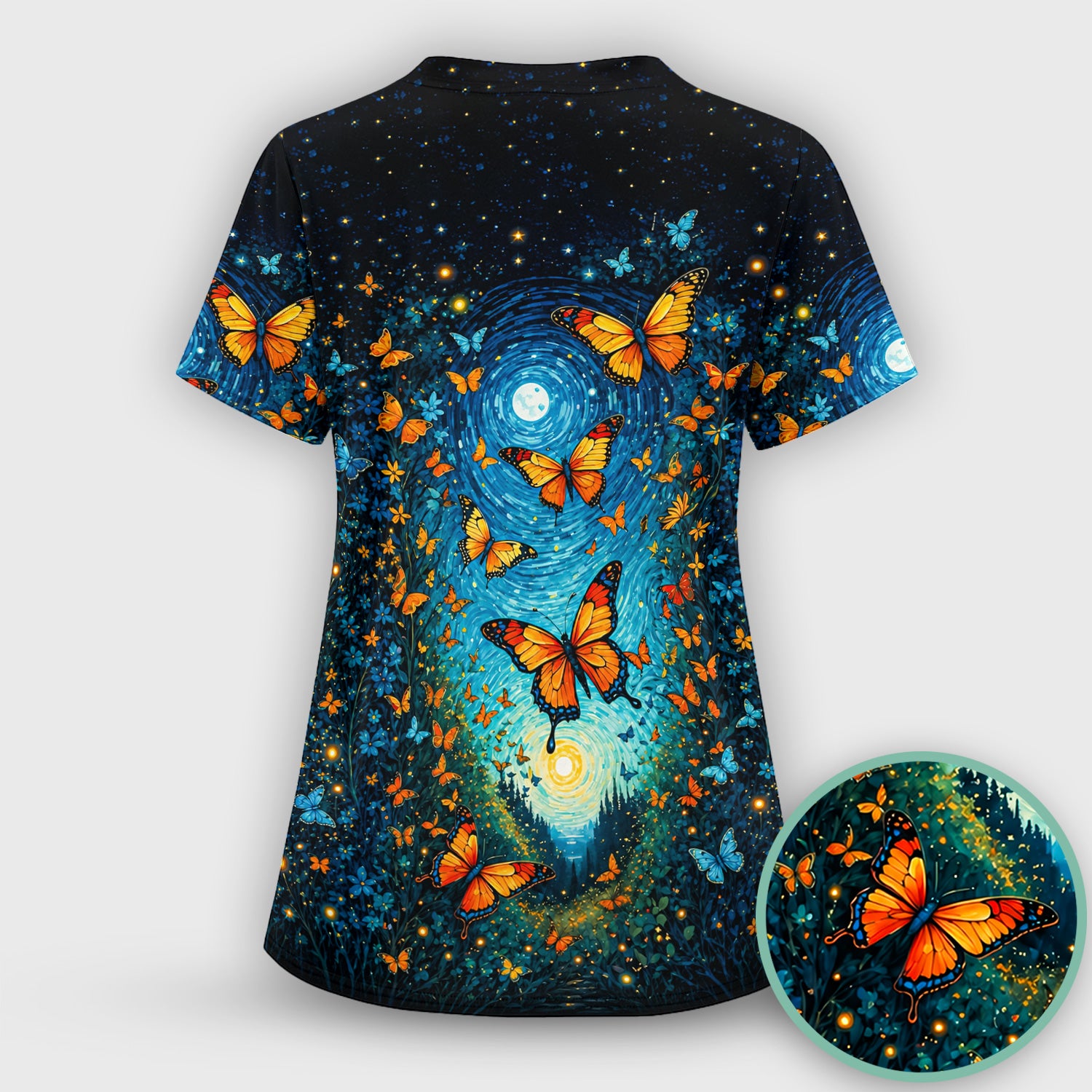 Moonlit Butterfly Nurse Print Scrub Set, Scrub Pants and V Neck Top