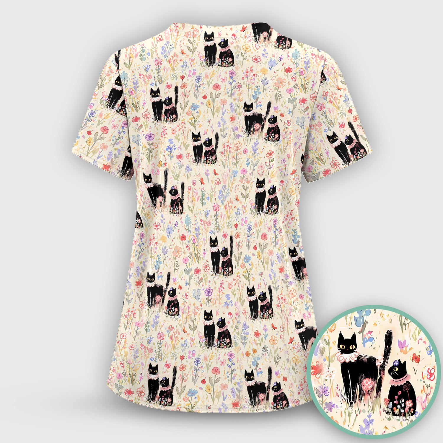 Cute Black Cats Wildflower Garden Pattern Scrub Top, Comfortable Scrubs for Nurses