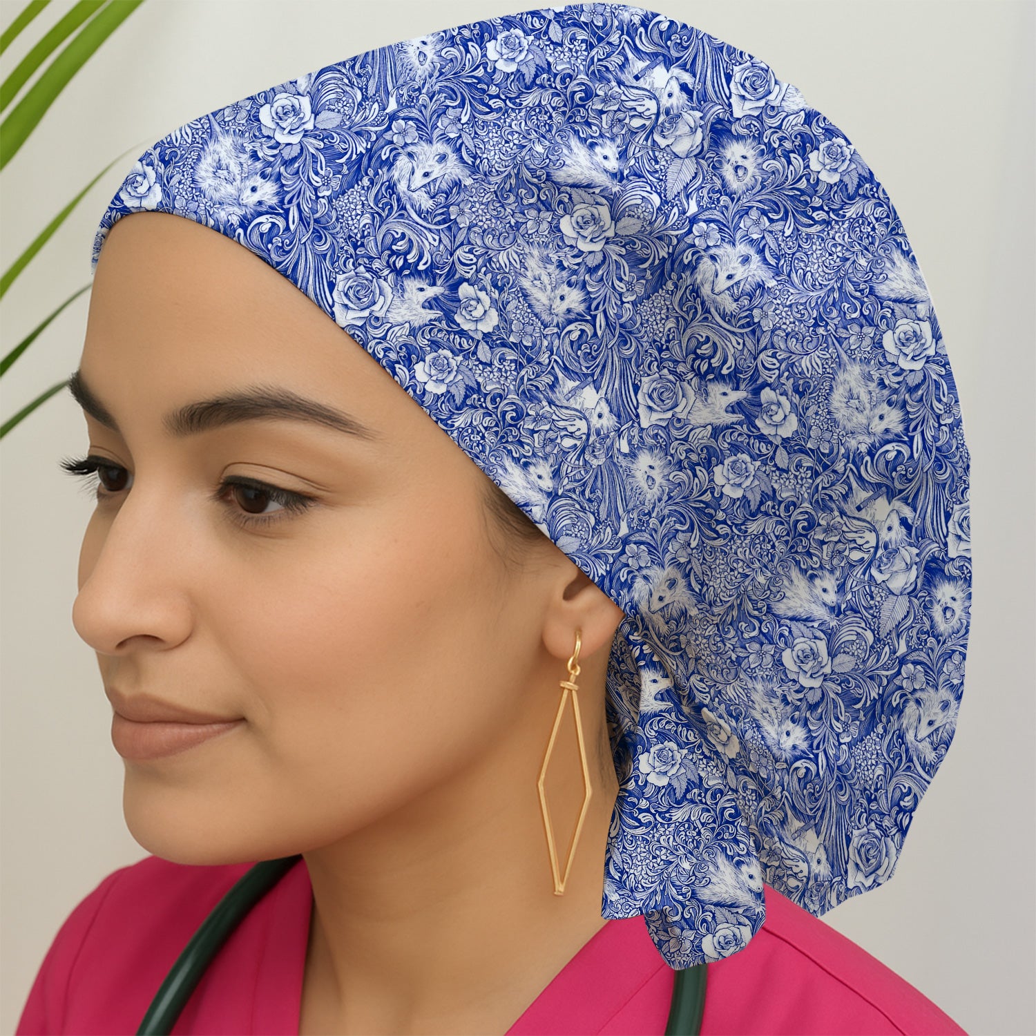 Blue Toile Opossum Floral Pattern Scrub Cap, Surgical Caps for Doctors