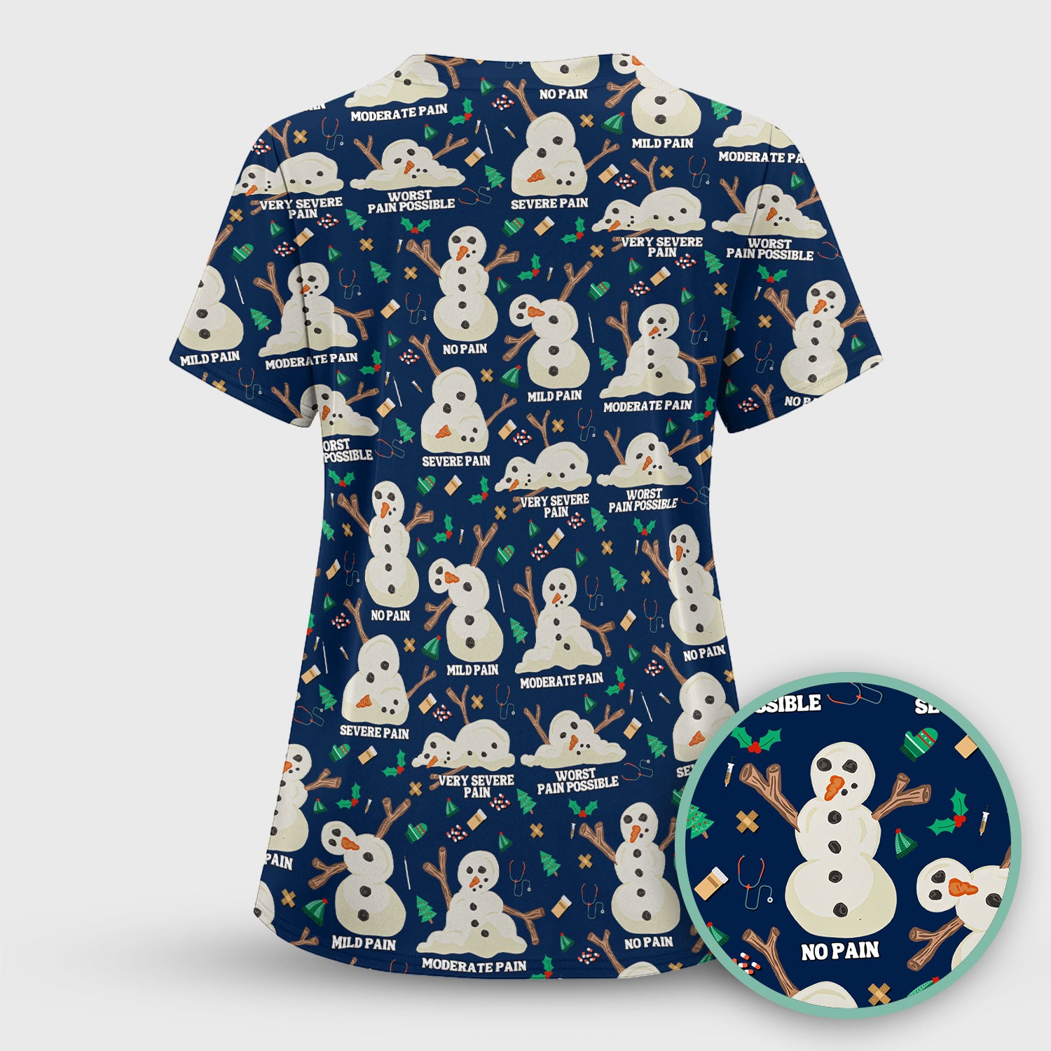 Funny Snowman Pain Scale Scrub Top for Nurse - Christmas Medical Shirt for Women RN LPN CNA - Cute Winter Nursing Uniform