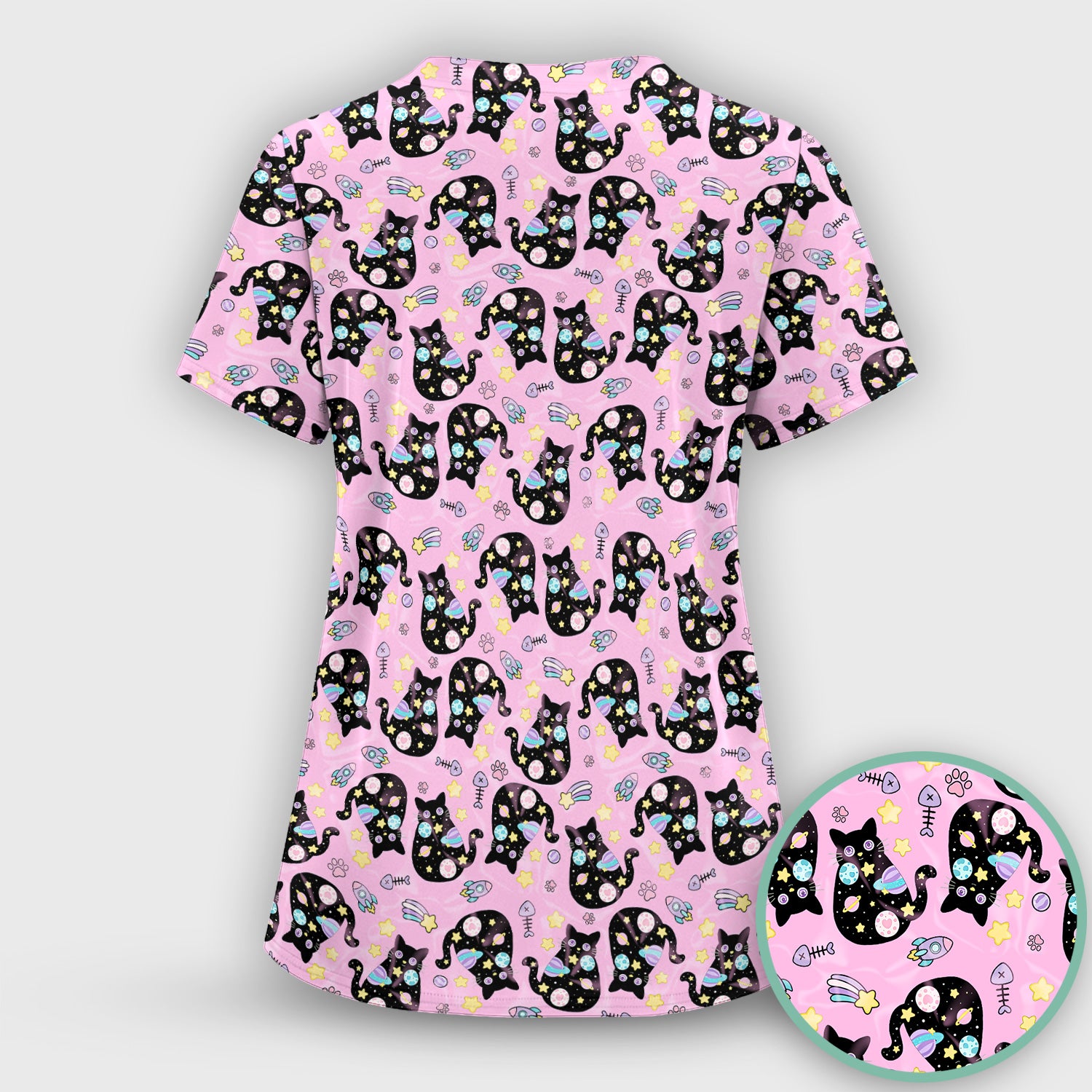 Galaxy Black Cat Space Pattern Scrub Top, Breathable Fabrics Nursing Uniform
