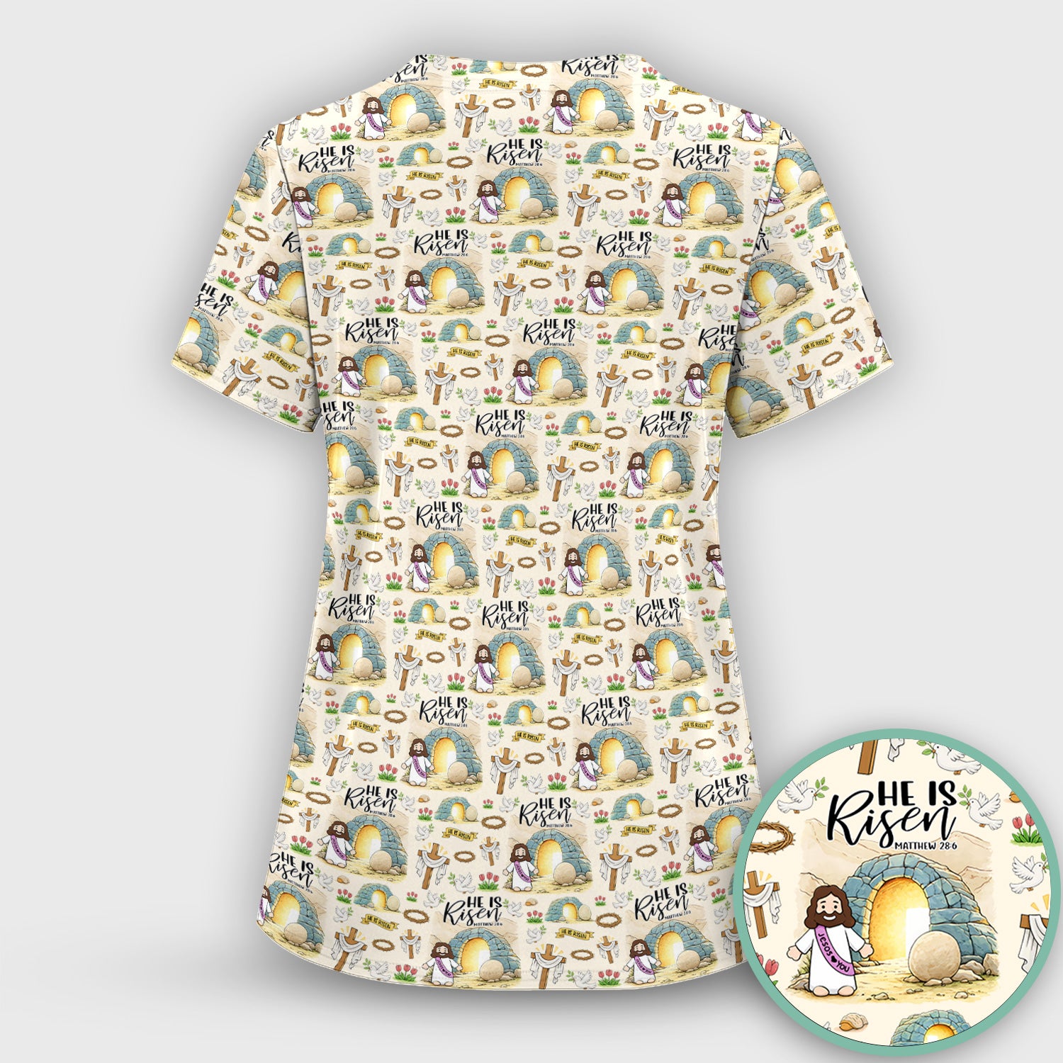 Christian Easter He Is Risen Resurrection Pattern Scrub Top, Breathable Healthcare Uniform Top