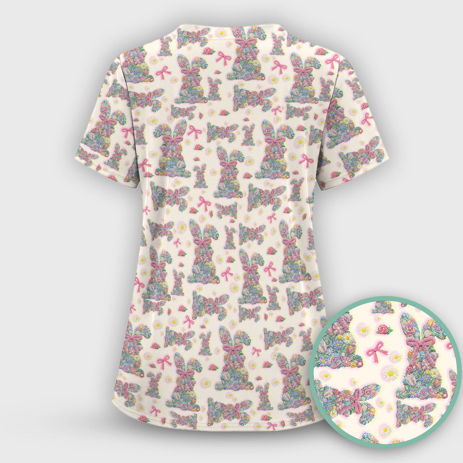 Colorful Floral Bunny with Pink Bow Pattern Scrub Top, Breathable Fabrics Nursing Uniform, Easter