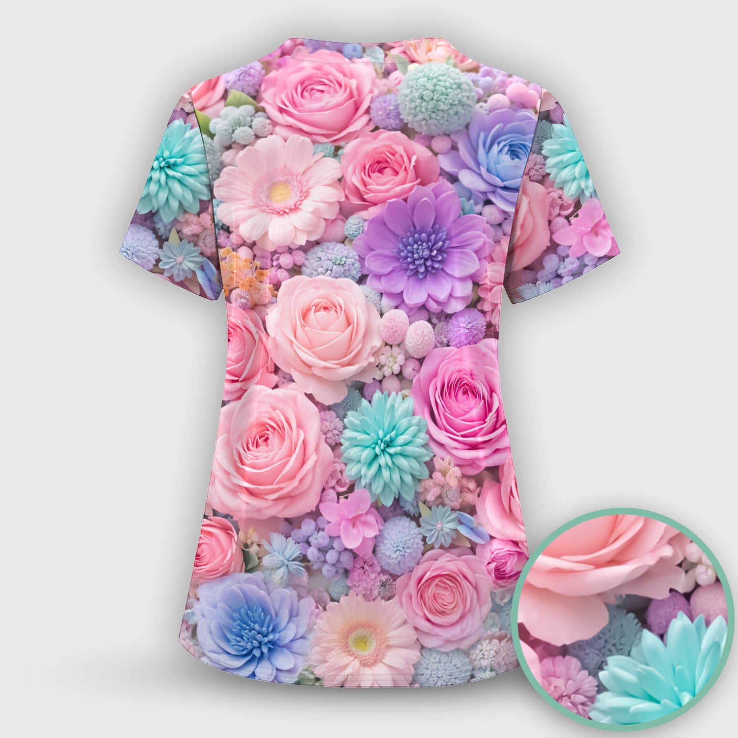 Pastel Floral Dream Scrub Top, Soft Pink Rose & Candy Color Bloom Nursing Uniform