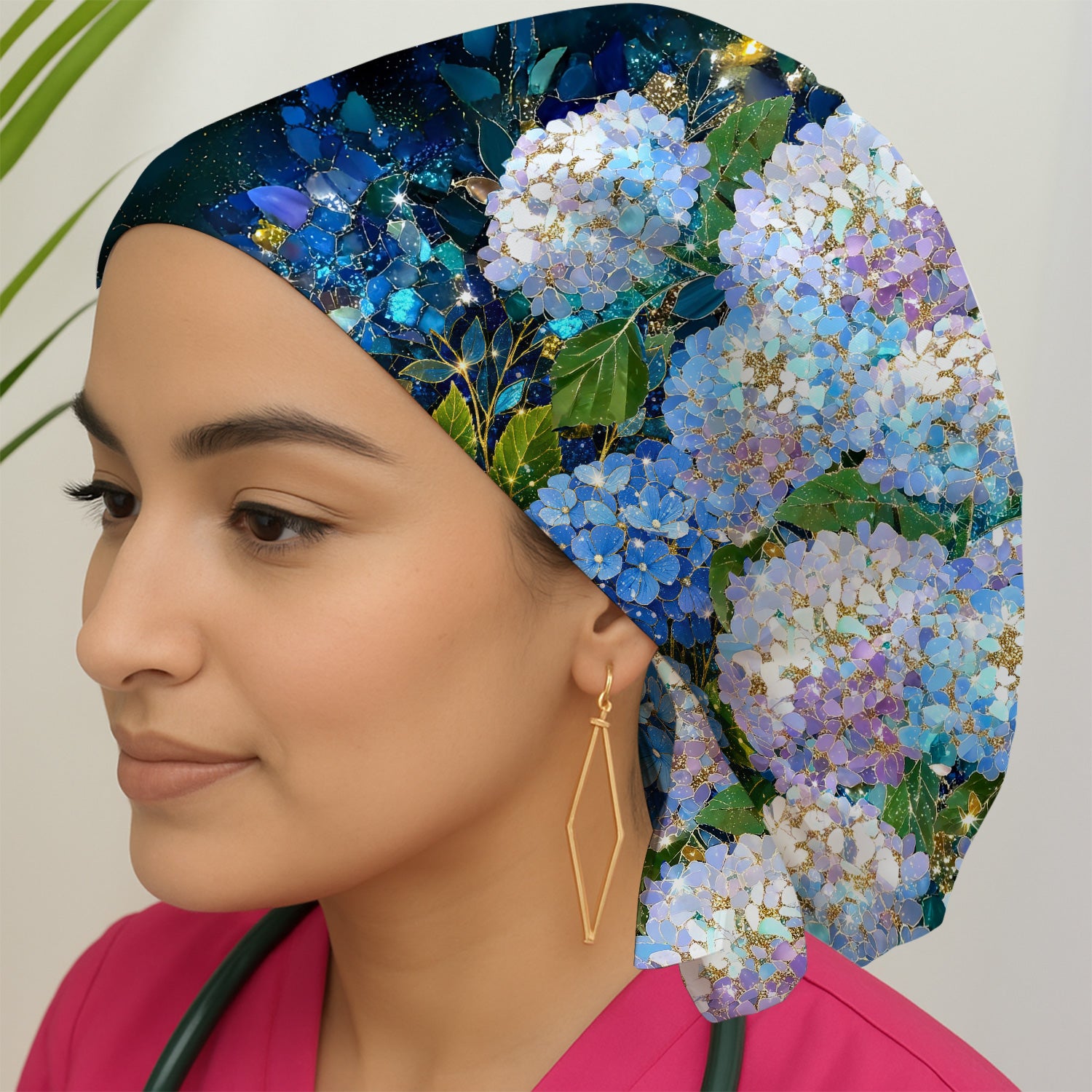Blue Hydrangea Floral Pattern Scrub Cap, Surgical Caps for Doctors