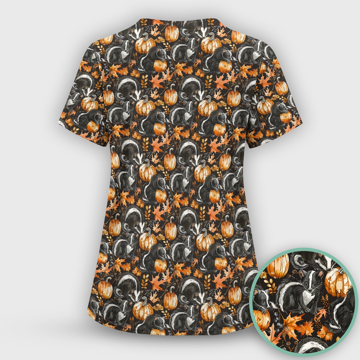 Skunk Pumpkin with Autumn Leaves Pattern Scrub Top, Comfortable Scrubs for Nurses