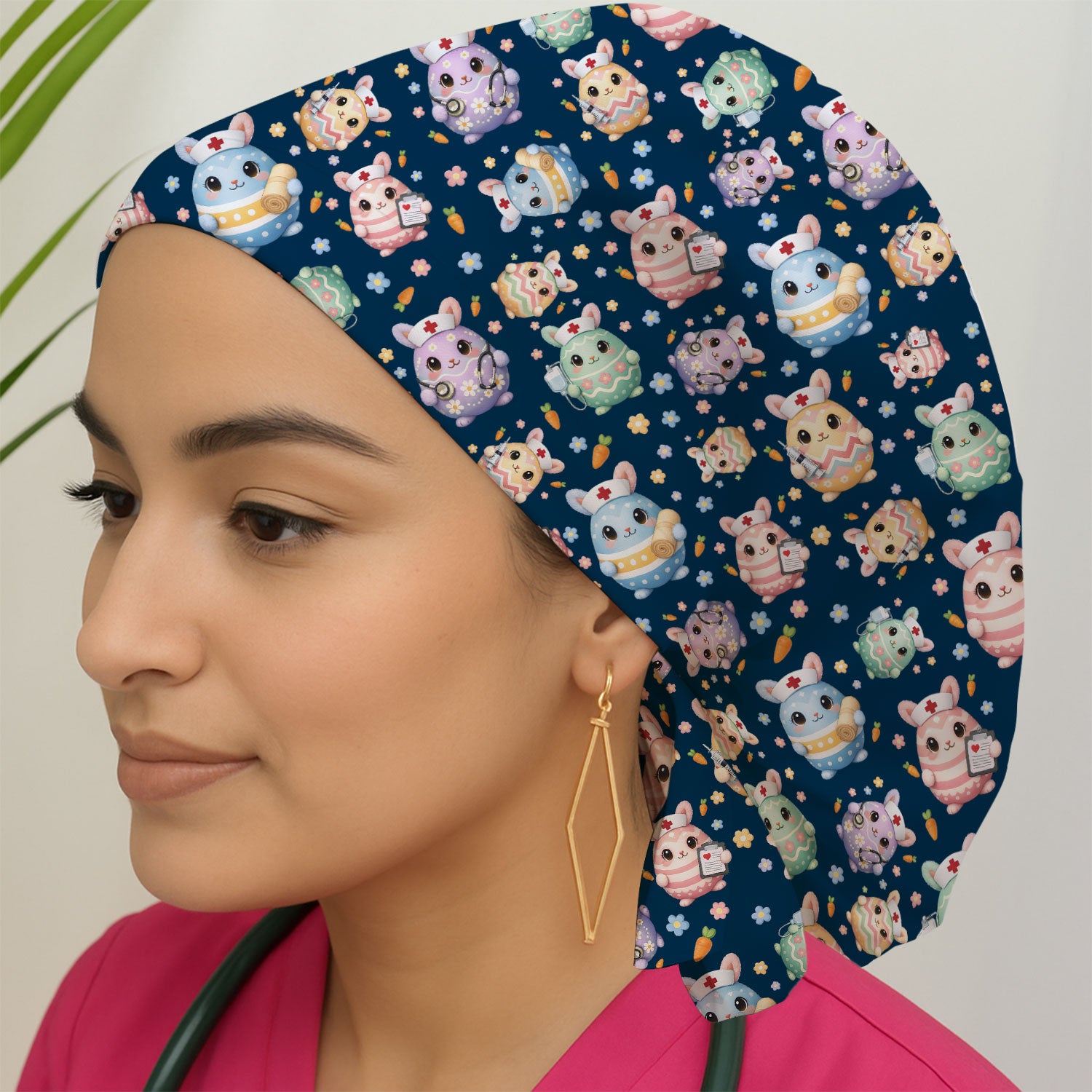 Cute Nurse Bunny Pastel Floral Print Bouffant Scrub Caps,  Breathable Fabrics Caps Uniform