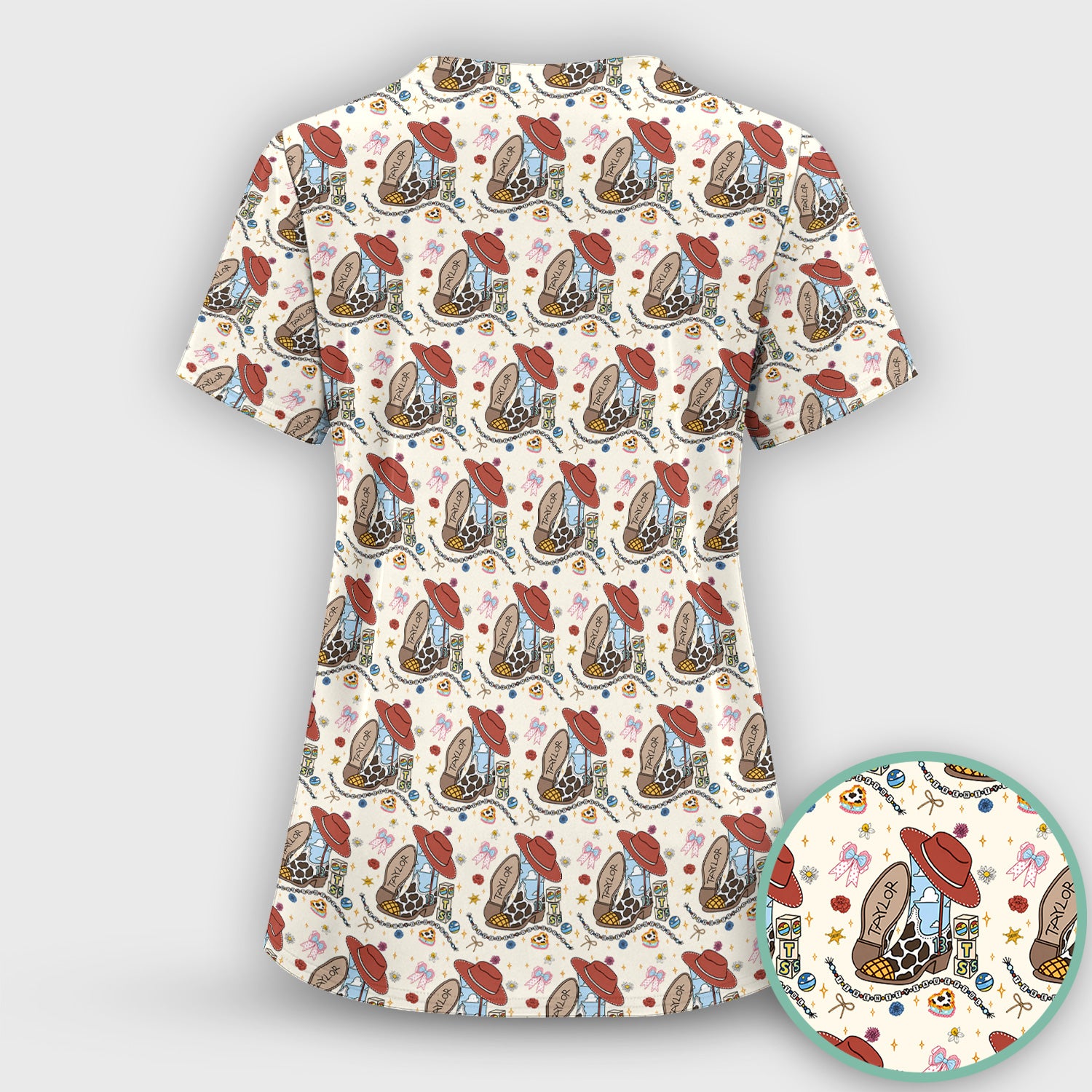 Western Cowgirl Country Medical Pattern Scrub Set, Scrub Pants and V Neck Top