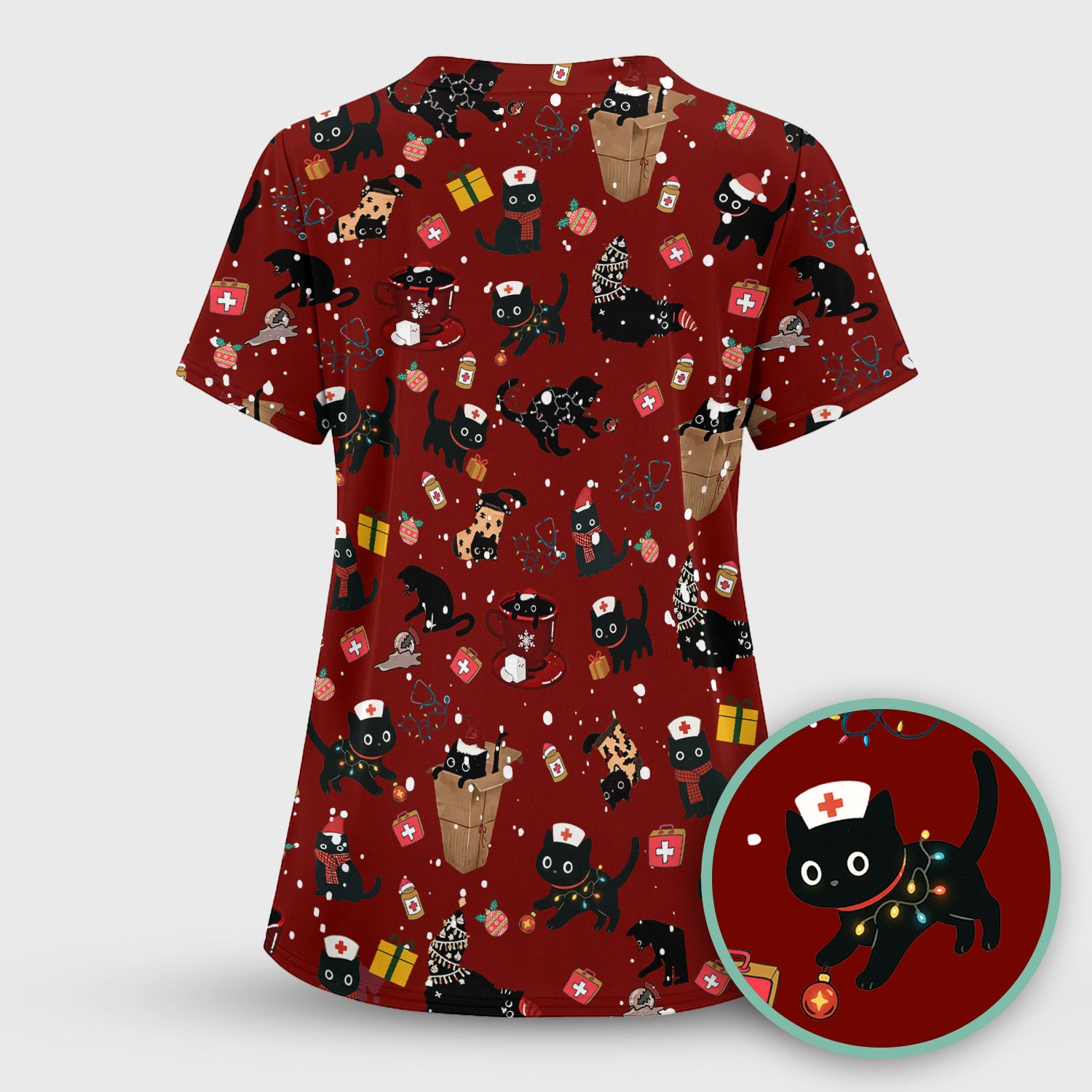 Funny Cat Scrub for Women - Christmas Black Cats Comfortable Scrubs for Nurses - Breathable Fabrics Nursing Uniform