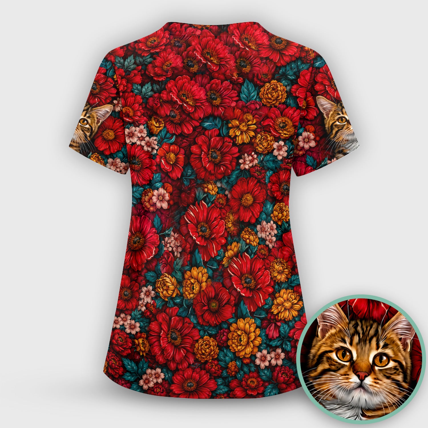 Adorable Tabby Cat Floral Garden Pattern Scrub Top, Comfortable Scrubs for Nurses