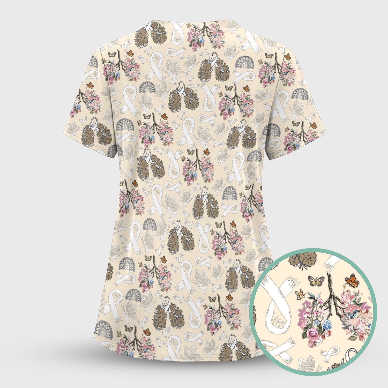 Lung Cancer Awareness Scrub Top for Women - White Ribbon Butterfly Floral Medical Uniform - Comfortable Scrubs for Nurses