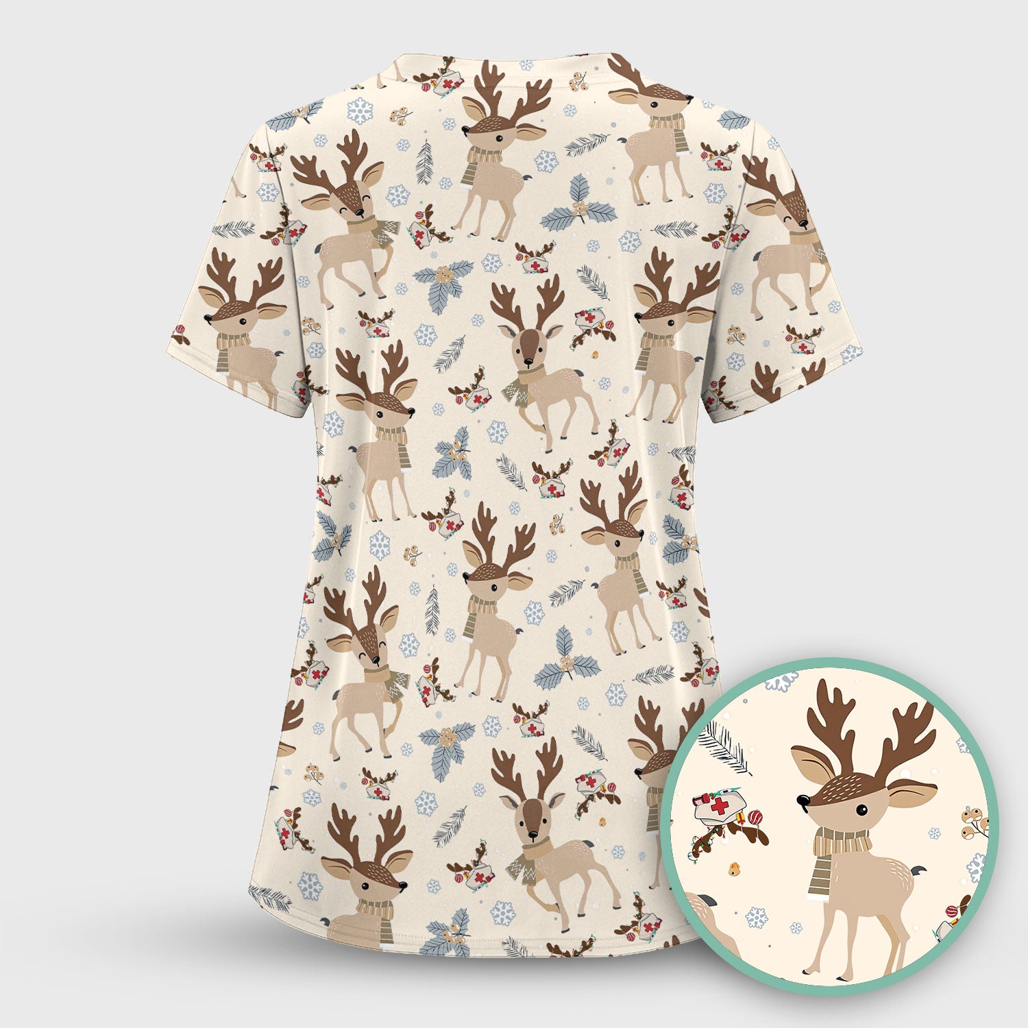 Reindeer Christmas Scrub Top - Cozy Beige Holiday Nurse Shirt with Cute Deer Pattern - Festive Medical Scrubs for Women RN CNA LPN