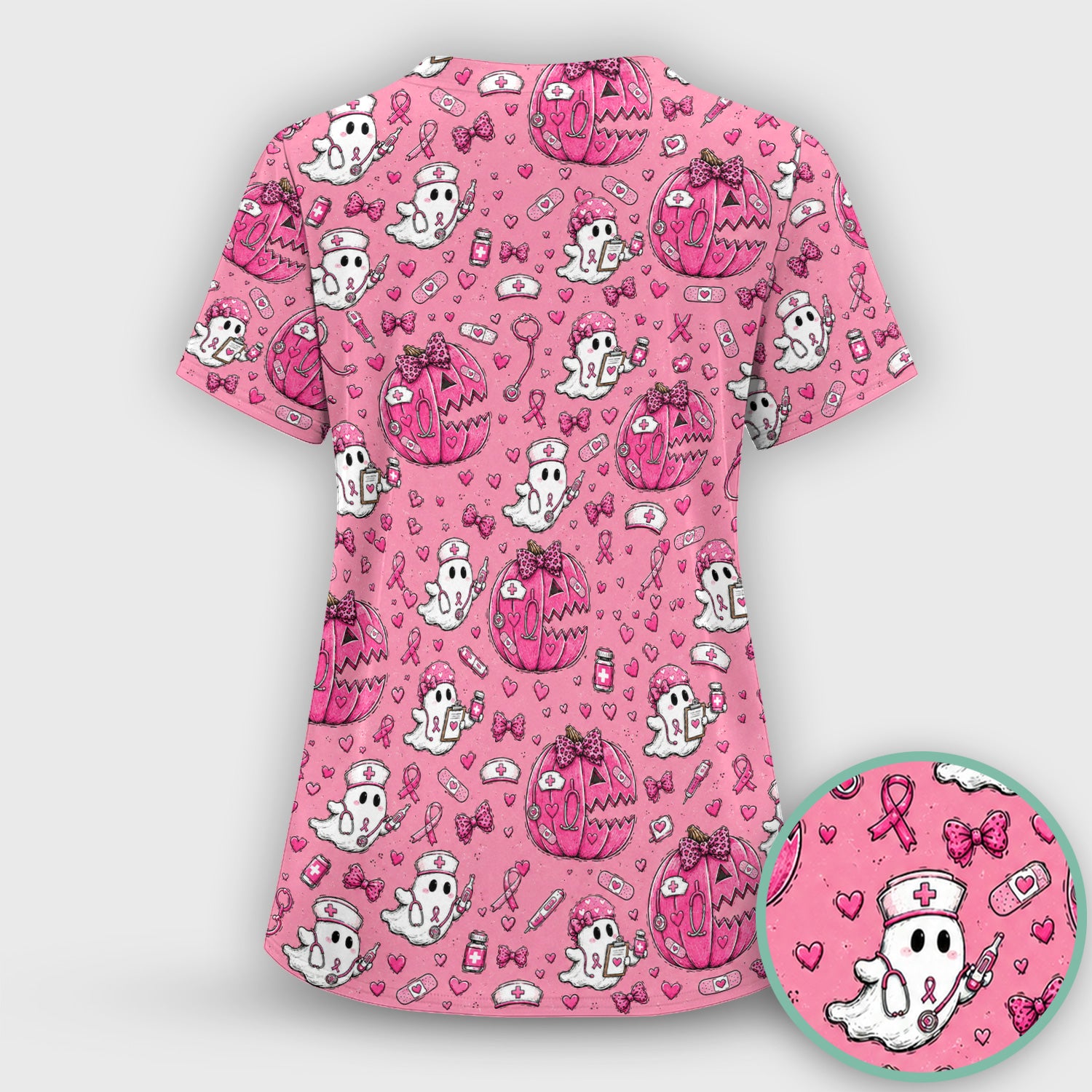 Pink Ribbon Ghost Pattern Scrub Set, Scrub Pants and V Neck Top