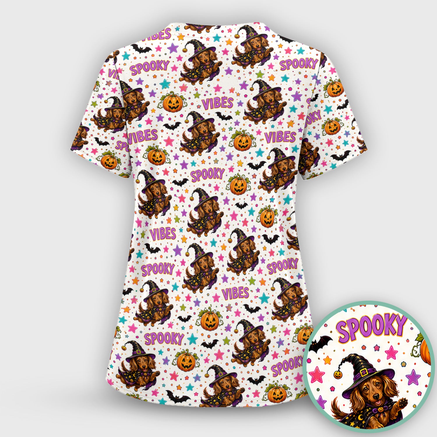 Spooky Dachshund Vibes Print Scrub Top, Comfortable Scrubs for Nurses