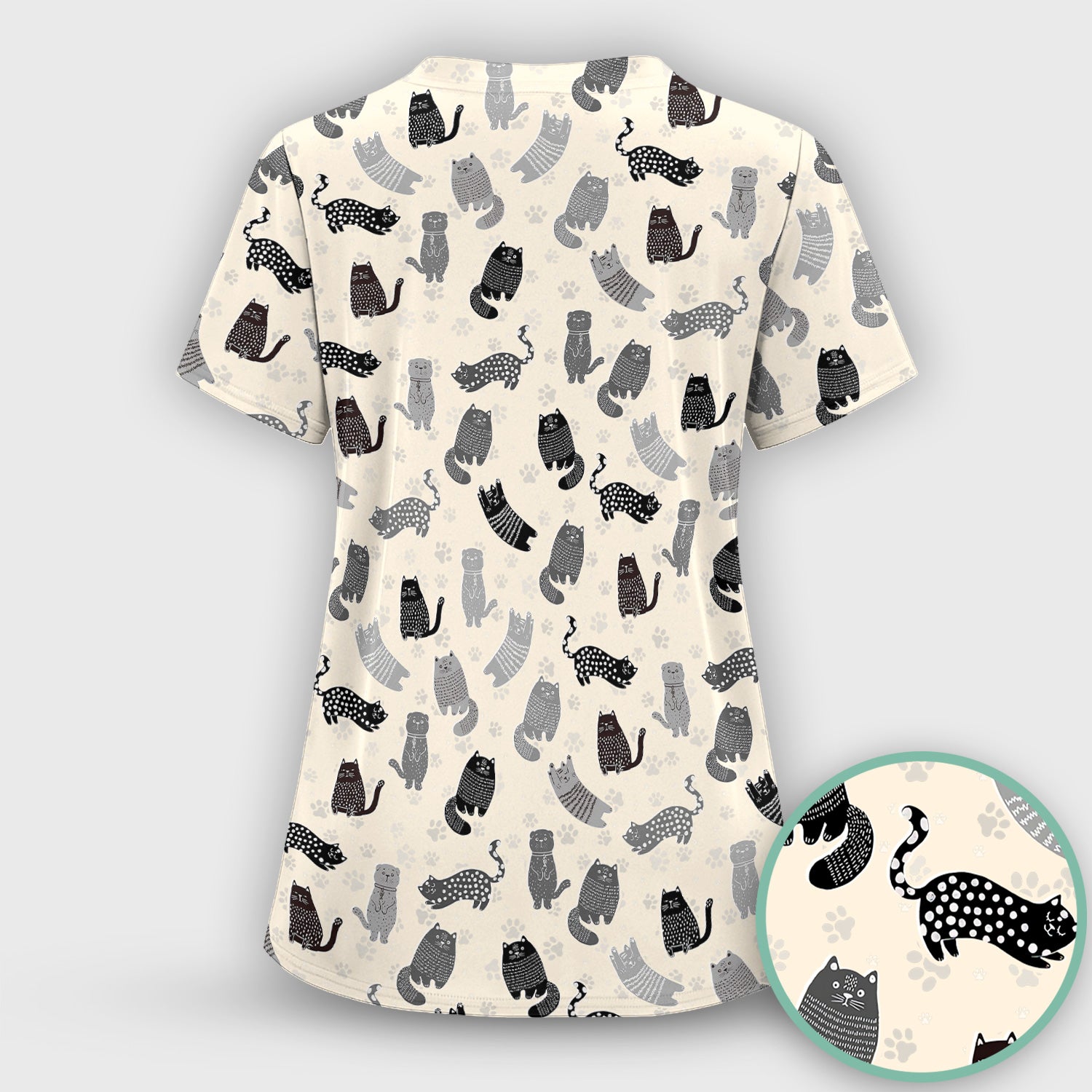 Cute Cat and Paw Print Pattern Scrub Top, Breathable Fabrics Nursing Uniform