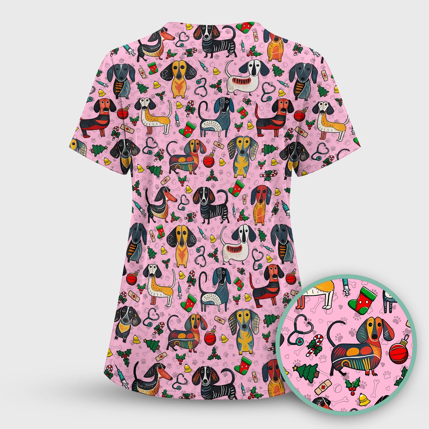 Christmas Wiener Dog Scrub Top - Funny Sausage Dog Nurse Shirt for Women - Holiday Medical Uniform