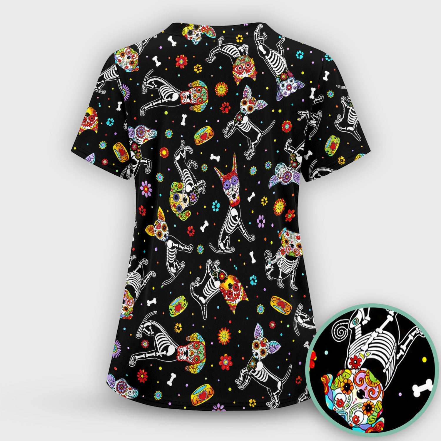 Colorful Day Of The Dead Dogs Scrub Set, Scrub Pants and V Neck Top