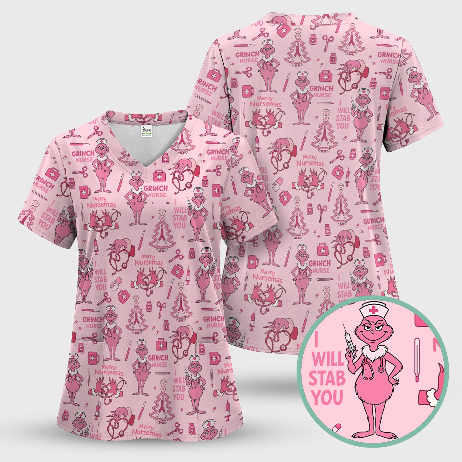 Personalized Funny Grinch Nurse Scrub Top - I Will Stab You - Multiple Color Options RN LPN CNA Gift
