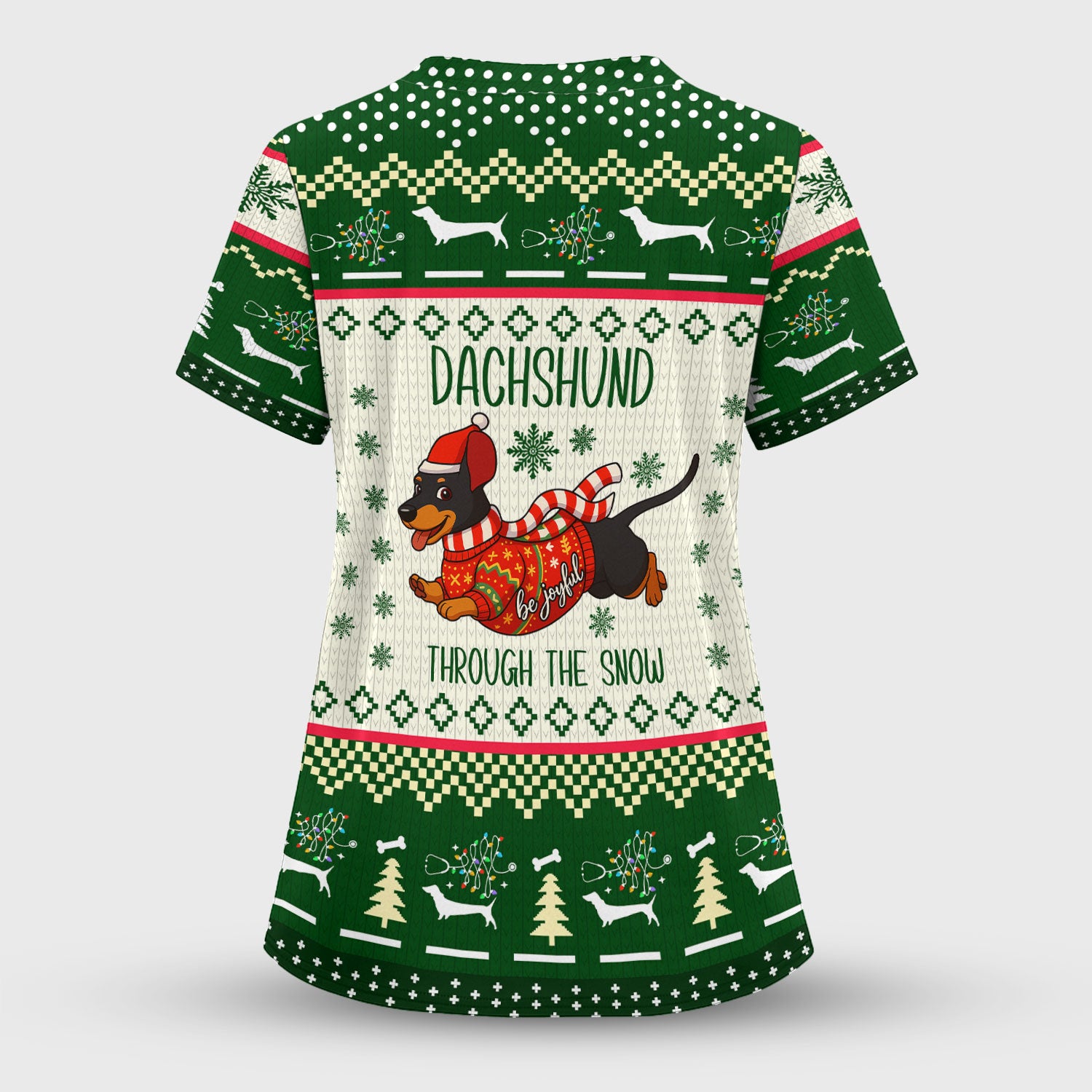 Wiener Dog Through The Snow Christmas Scrub Top - Cute Dachshund Nurse Shirt - Funny Holiday Medical Uniform