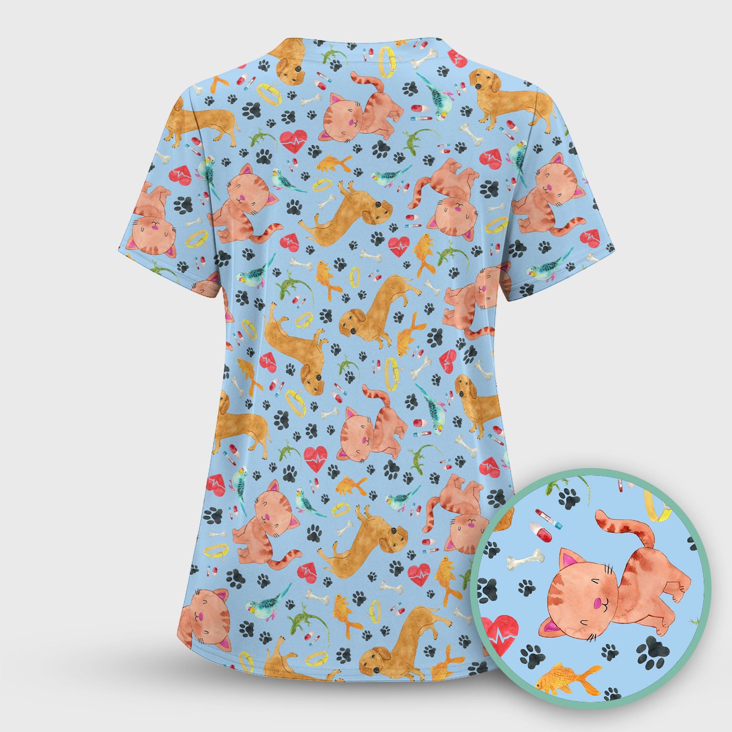 Cat Dog Veterinary Scrub Top - Cute Animal Paw Print Medical Shirt - Adorable Nurse Scrubs for Women RN CNA Vet Tech