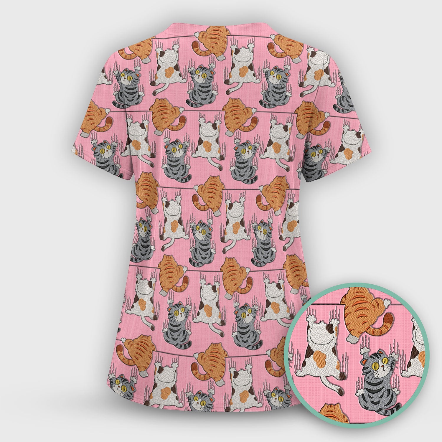 Cute Cat Pattern Nurse Scrub Top, Cats Medical Pattern Shirt, Breathable Fabrics Nursing Uniform