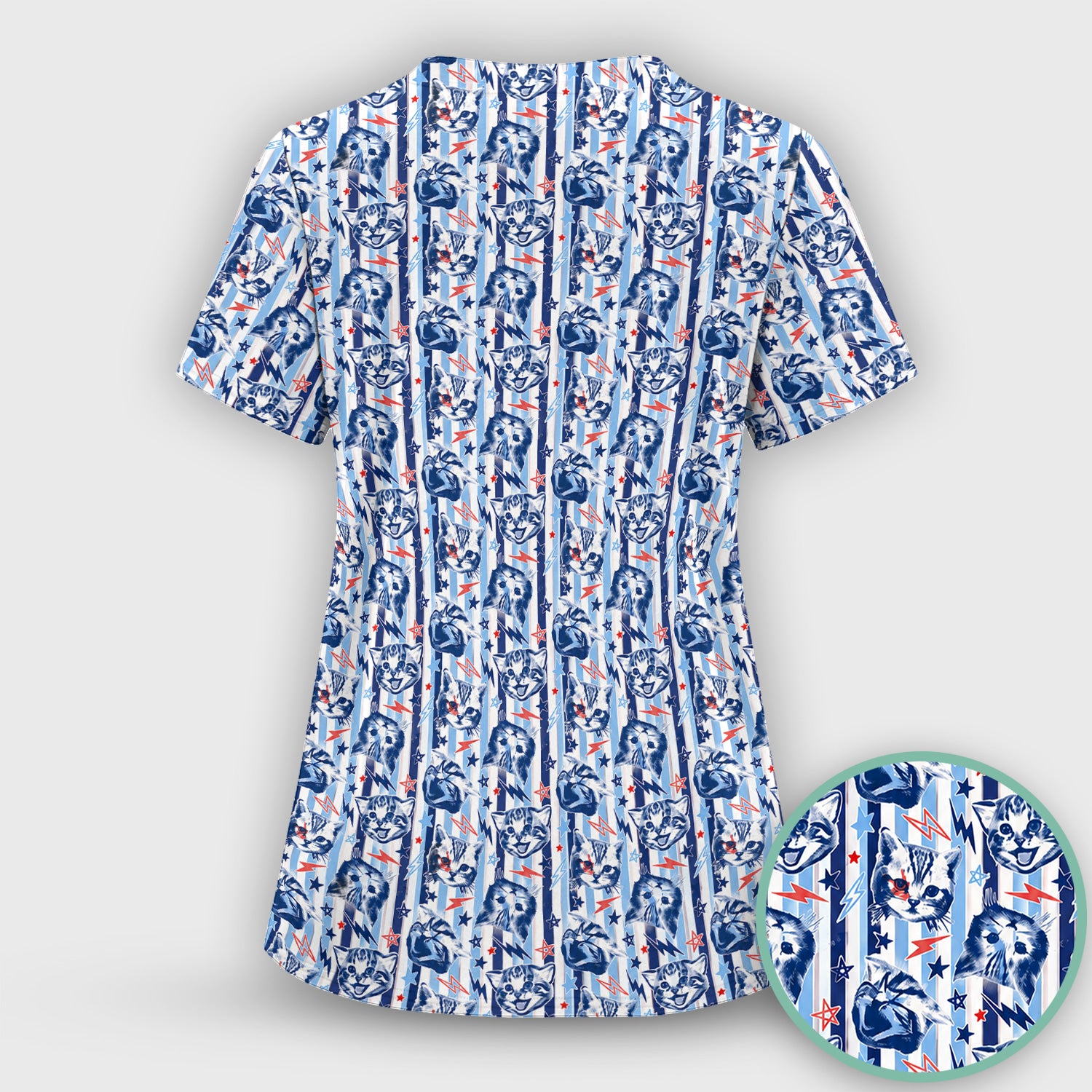 Cute Cat Faces With Lightning Print Scrub Top, Comfortable Scrubs for Nurses