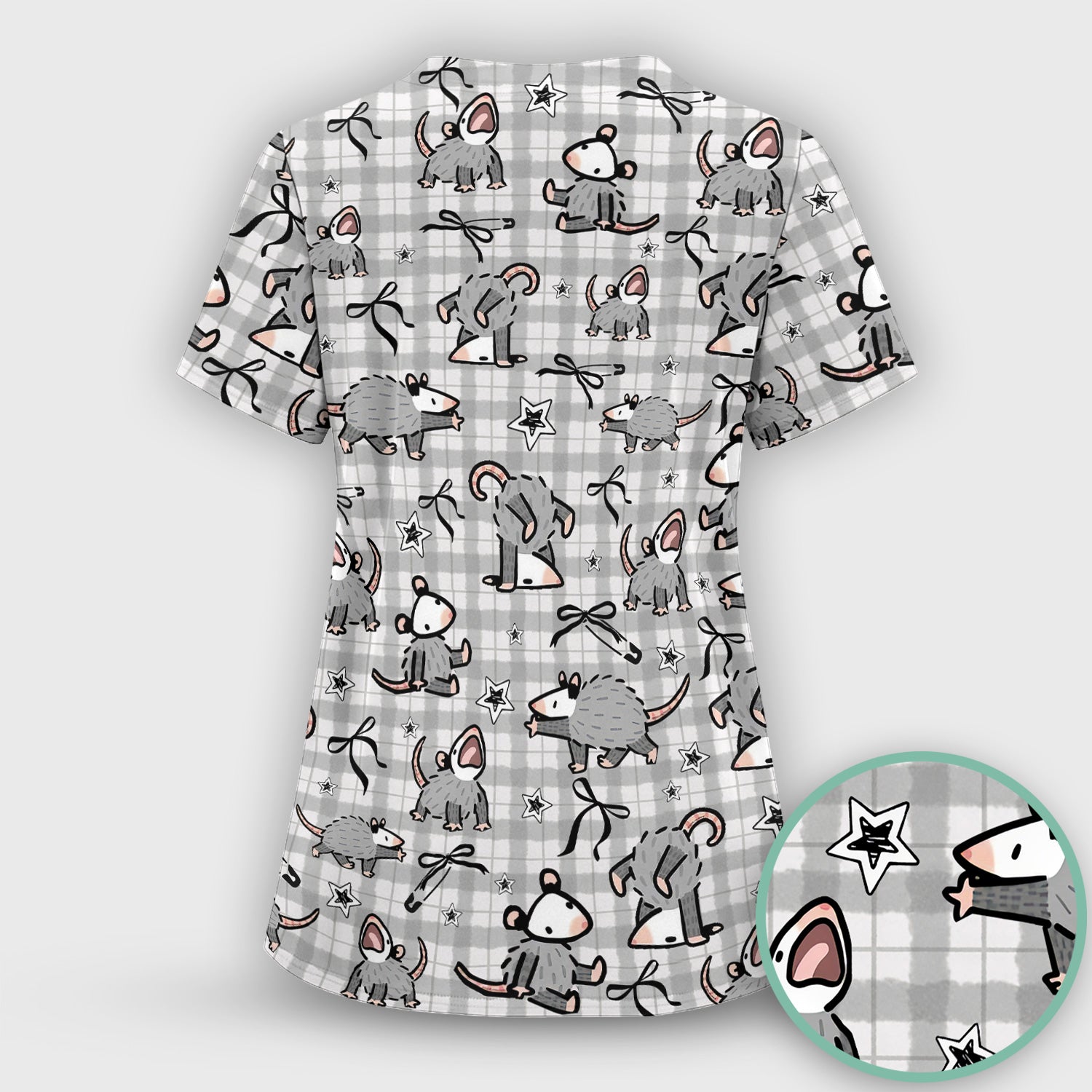 Funny Mouse Cartoon Pattern Print Scrub Top, Breathable Fabrics Nursing Uniform, Opossum