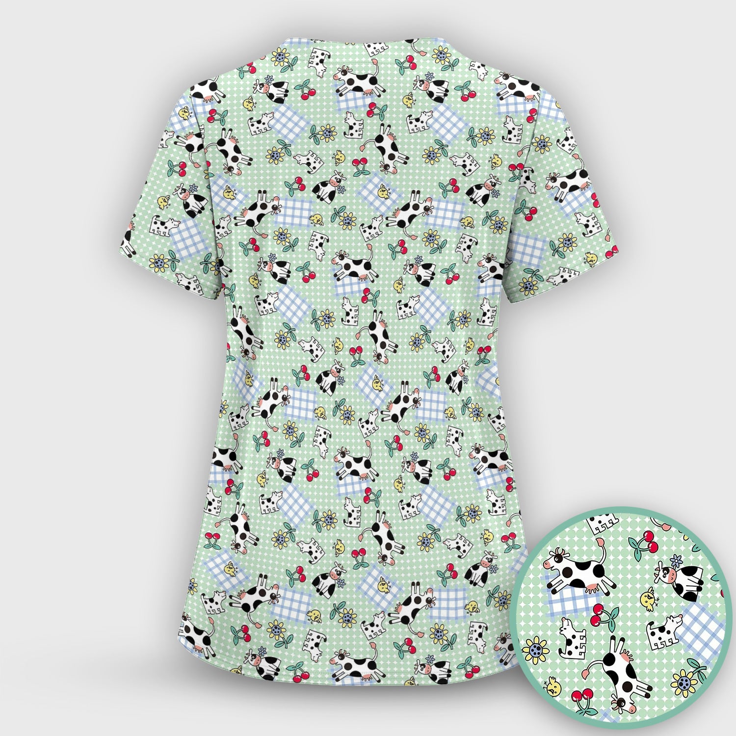 Cute Cow Cherry Farm Garden Pattern Nurse Scrub Set, Scrub Pants and V Neck Top