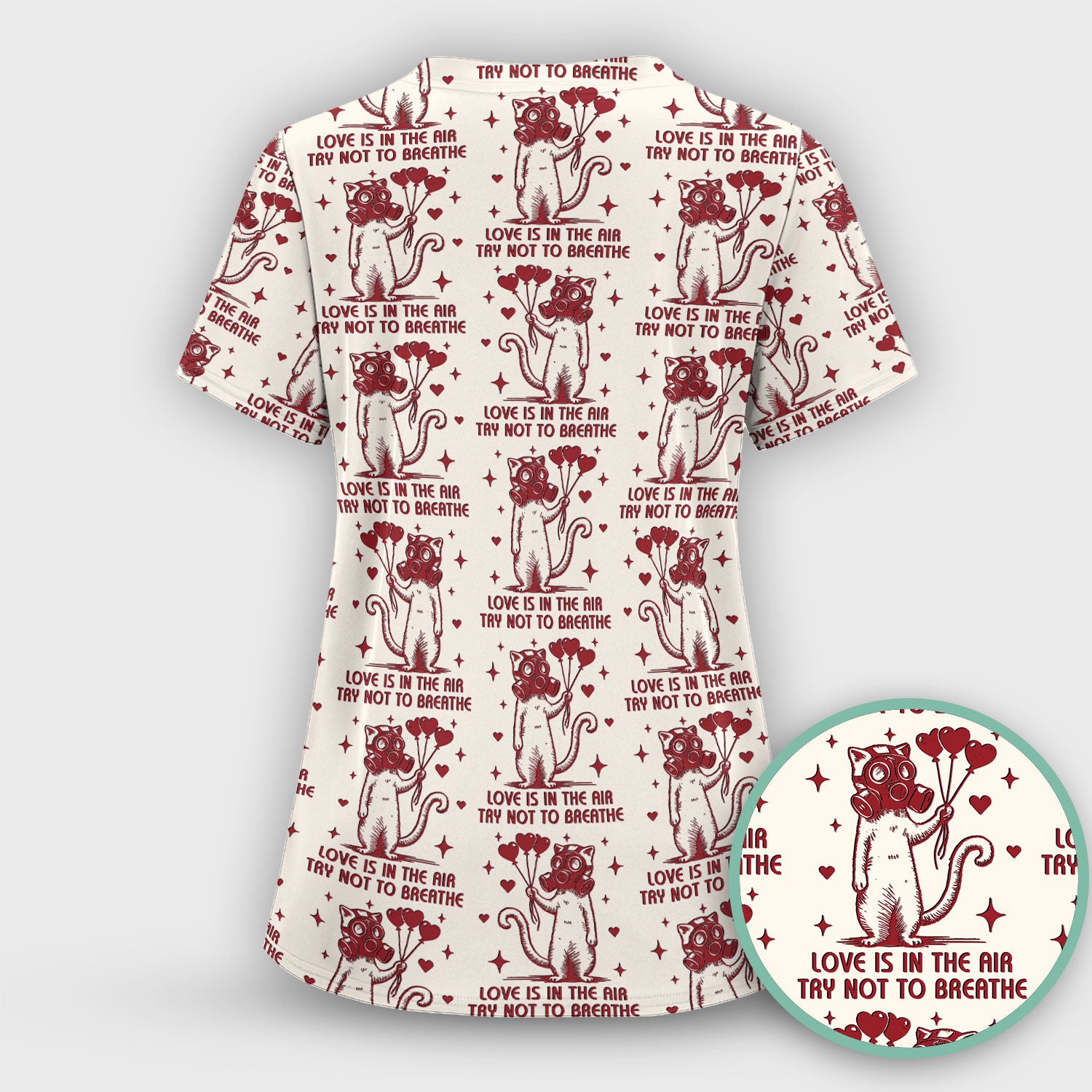 Gas Mask Cat Heart Balloon Valentine Print Scrub Set, Breathable Med Uniform