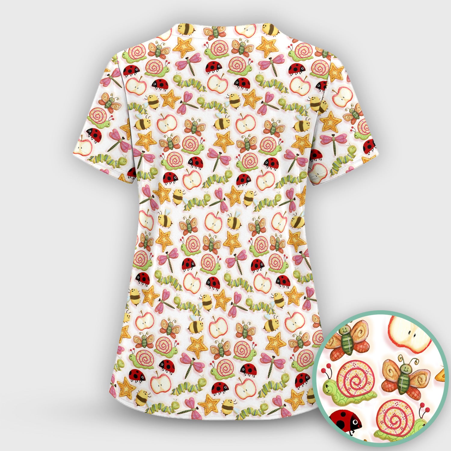 Cute Nurse Snail Ladybug Caterpillar Apple Garden Pattern Scrub Top, Breathable Fabrics Nursing Uniform