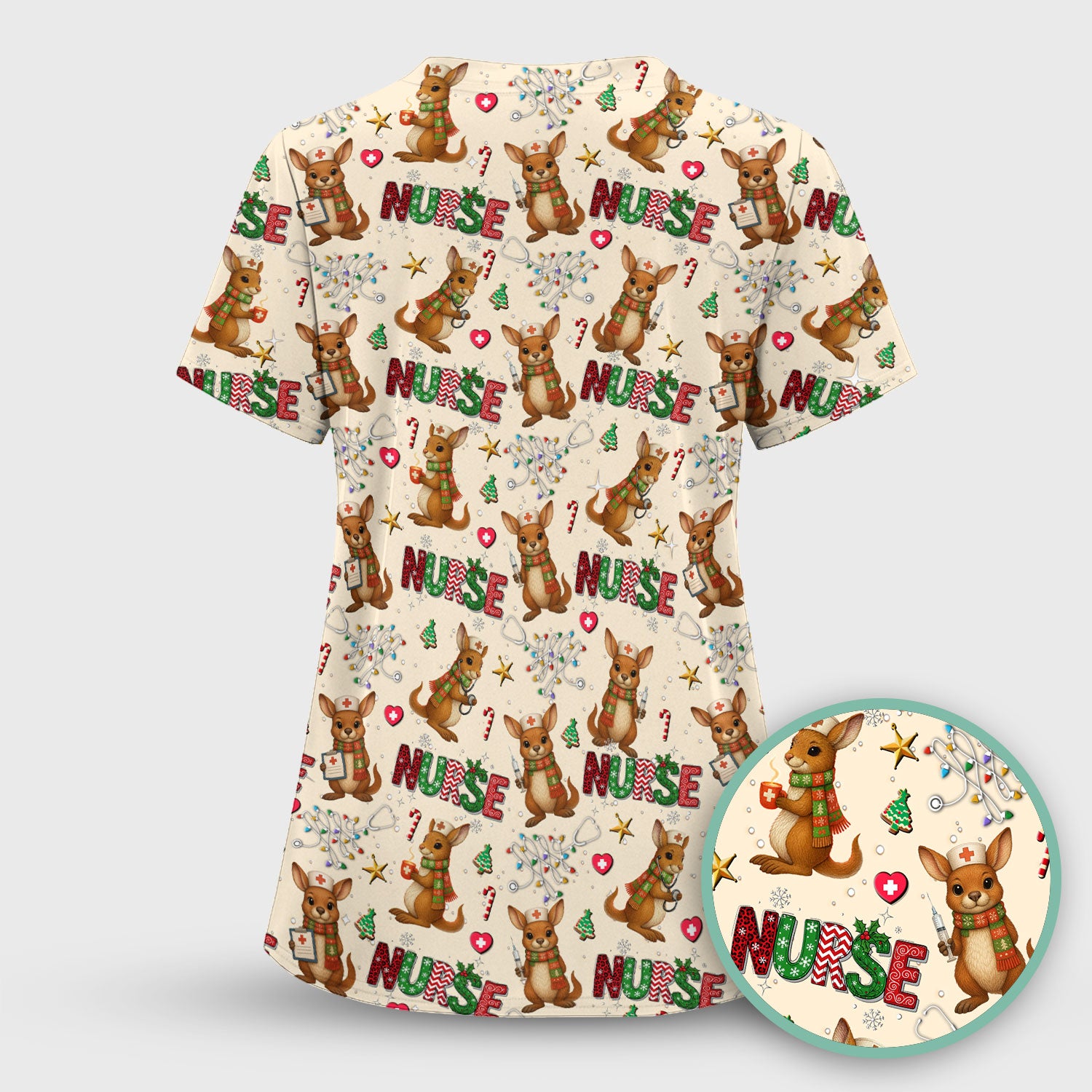 Aussie Kangaroo Christmas Scrub Top - Funny Holiday Nurse Shirt for Women - Cute Animal Medical Uniform