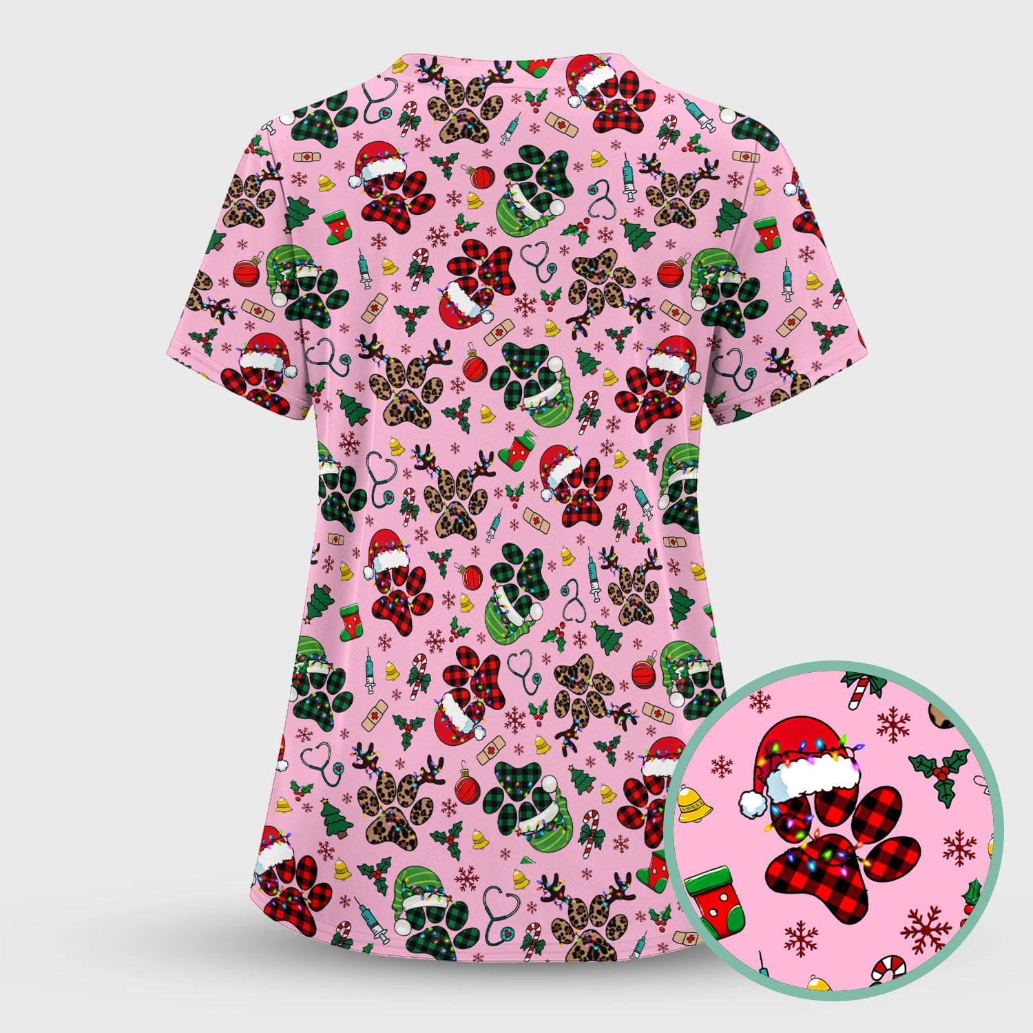Christmas Paw Print Scrub Top for Nurses - Cute Leopard Holiday Pattern - Funny Festive Medical Uniform Gift