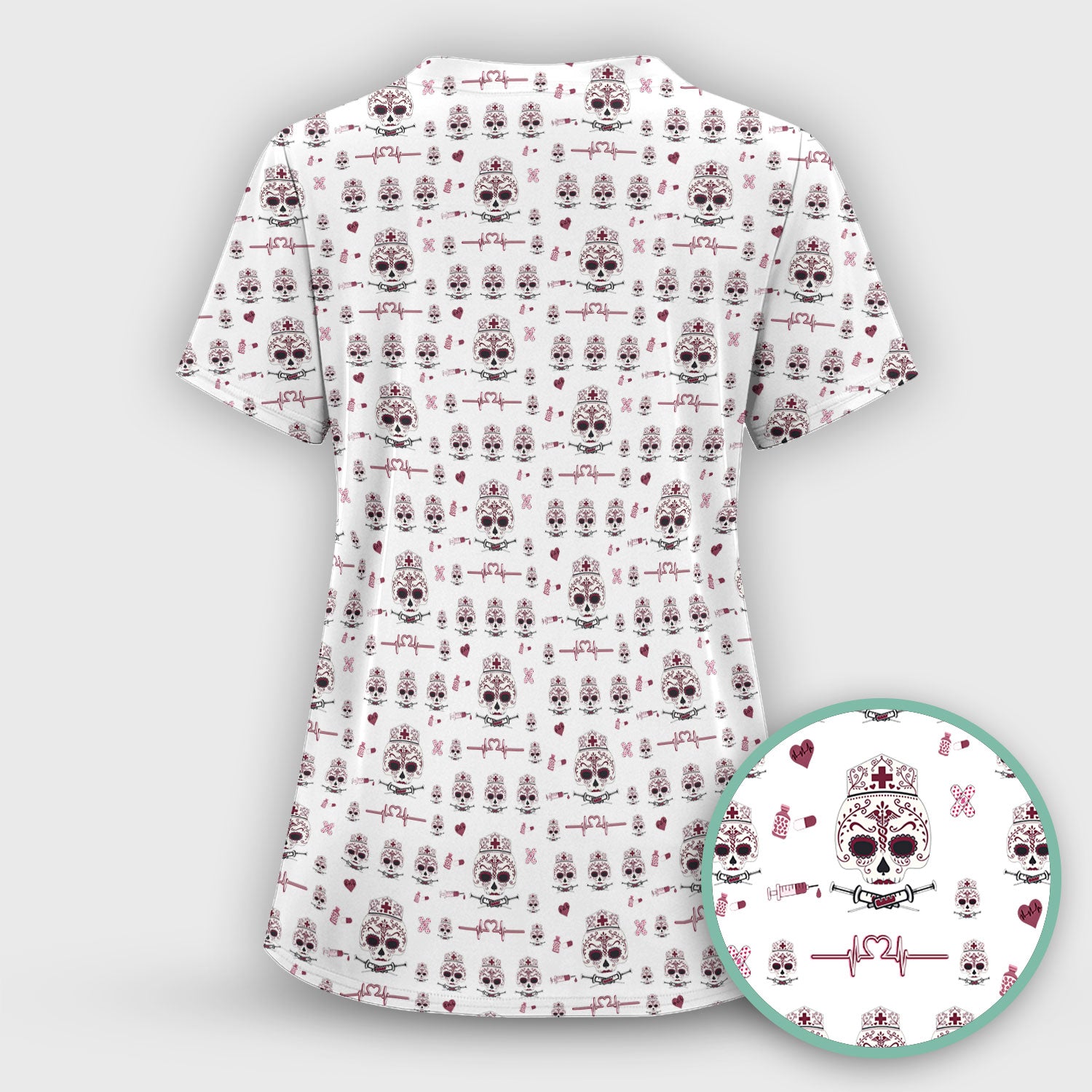 Sugar Skull Scrub Top, Skull Pattern Scrub Shirt, Breathable Fabrics Nursing Uniform