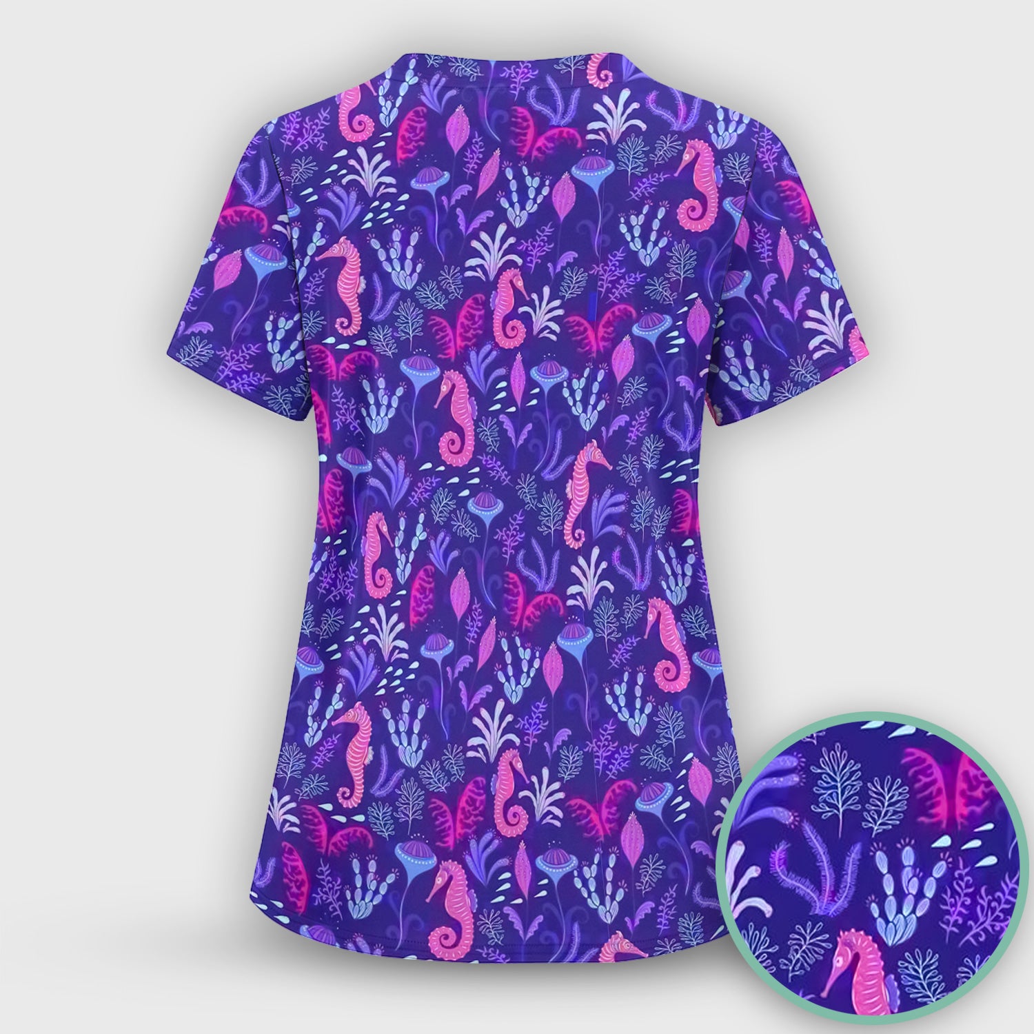 Purple Seahorse Ocean Scrub Set, Scrub Pants and V Neck Top