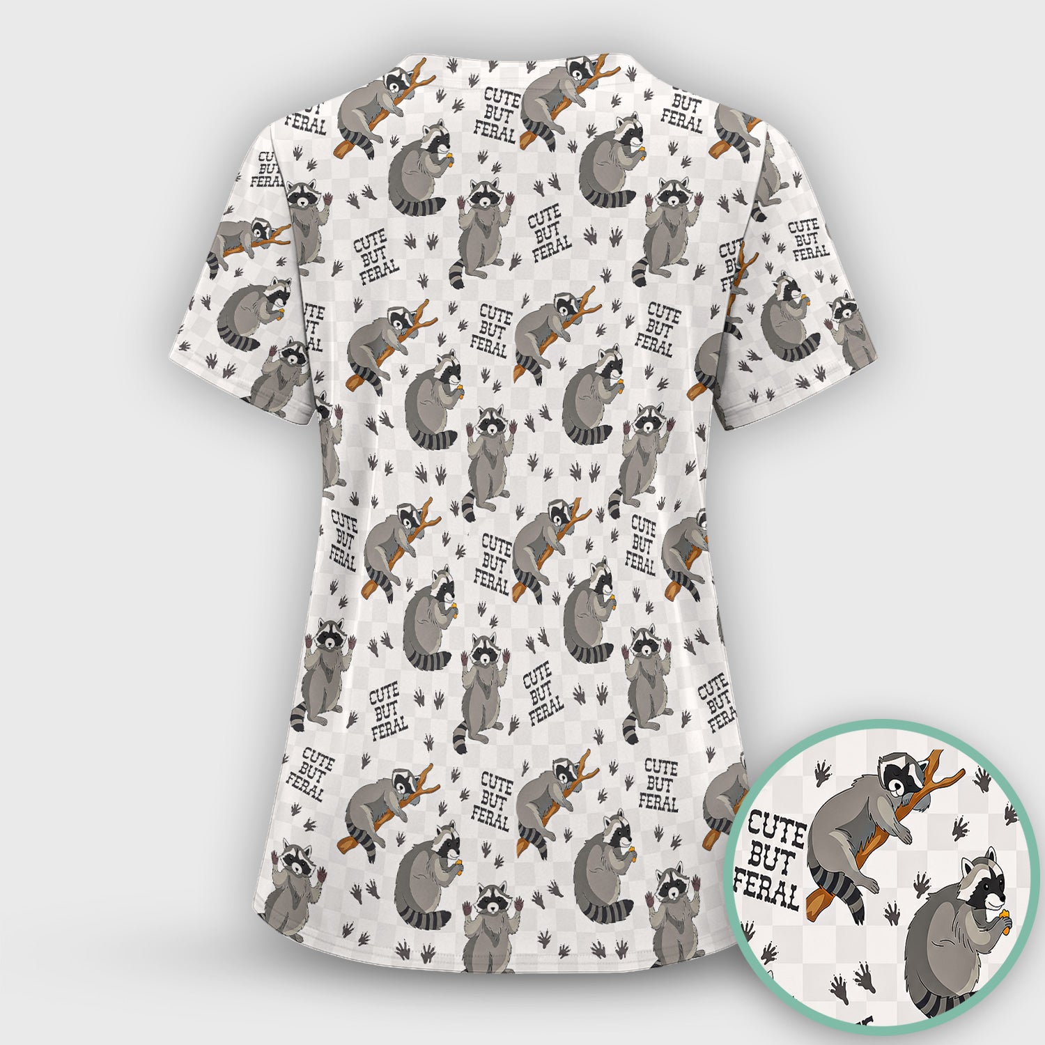 Funny Feral Raccoon Pattern Scrub Top, Comfortable Scrubs for Nurses