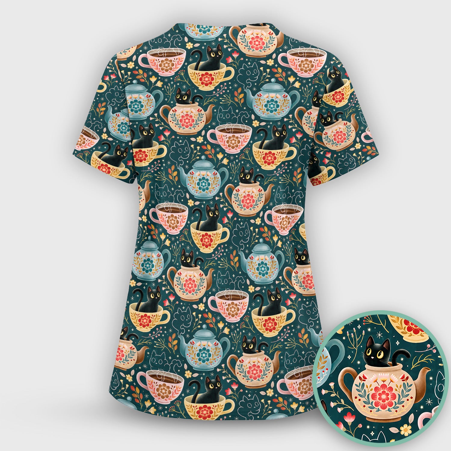 Black Cat Tea Party Veterinary Pattern Scrub Set, Scrub Pants and V Neck Top