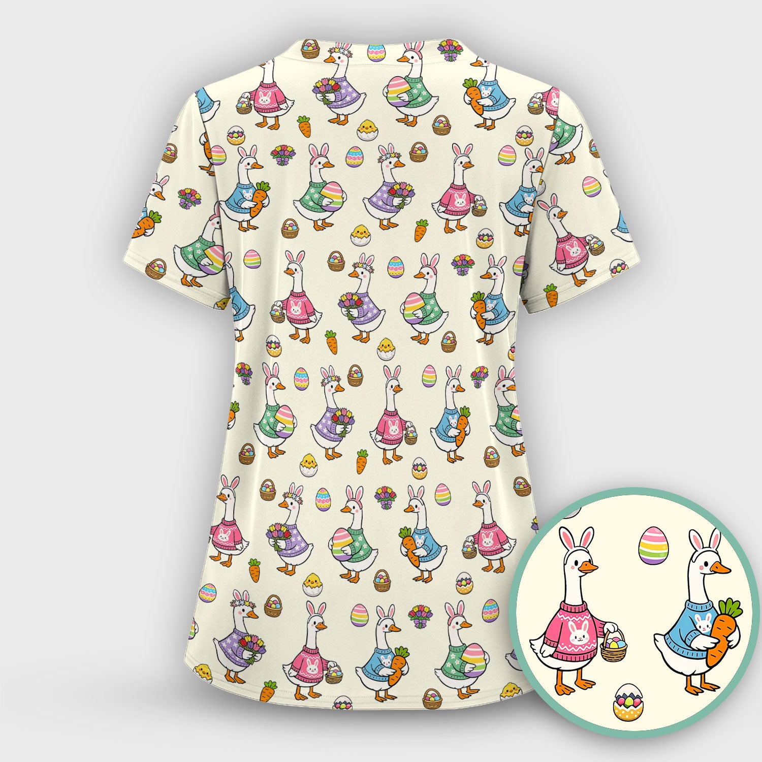 Cute Easter Goose Pattern Scrub Top, Breathable Fabrics Nursing Uniform