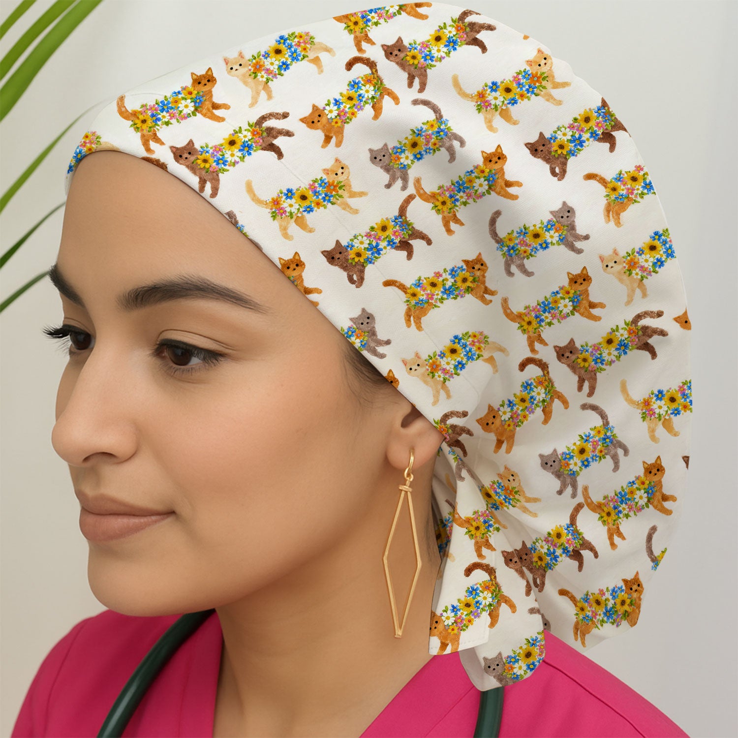 Cute Flower Filled Cat Pattern Pattern Scrub Cap, Breathable Fabrics Caps Uniform