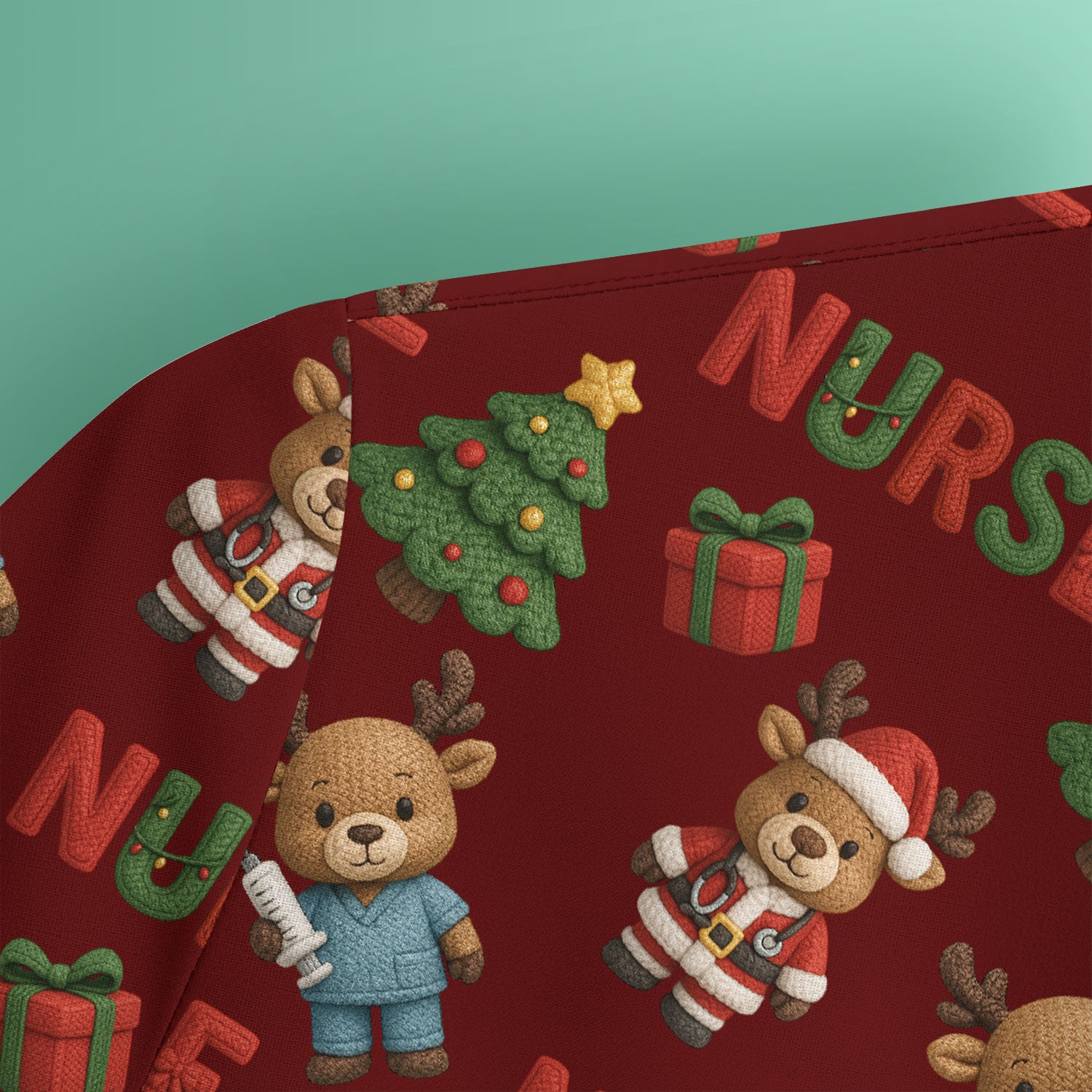 Reindeer Christmas Scrub Top, Cute Holiday Nurse Scrub Shirt, Festive Pattern Nursing Uniform