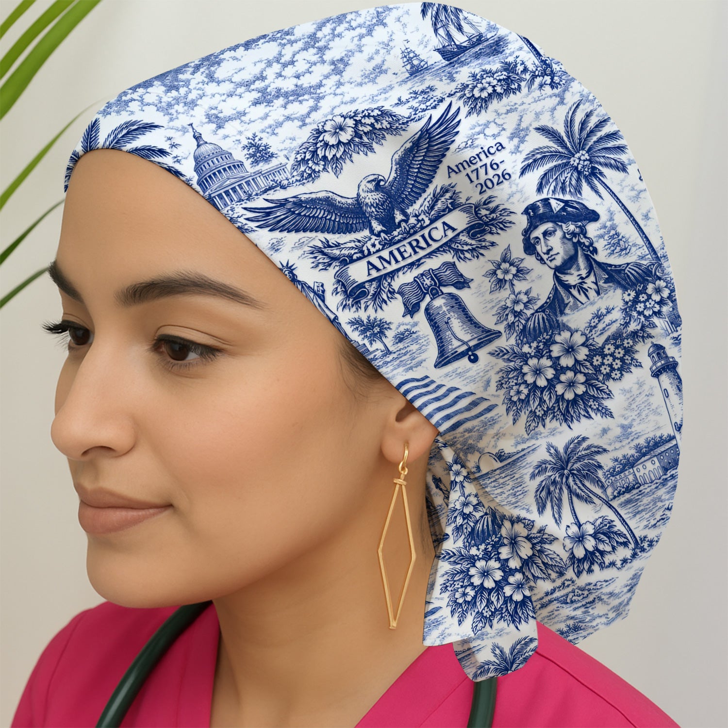 Patriotic America Heritage Toile Pattern Cap, Bouffant Scrub Caps for Women
